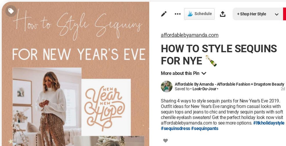 Keywords and SEO (search engine optimization) are important for a few reasons. One of these reasons includes ranking your images/pins much higher. Tips for adding keywords to your Pinterest pins. How to Style Sequins for NYE pin on Affordable by Amanda Pinterest page.