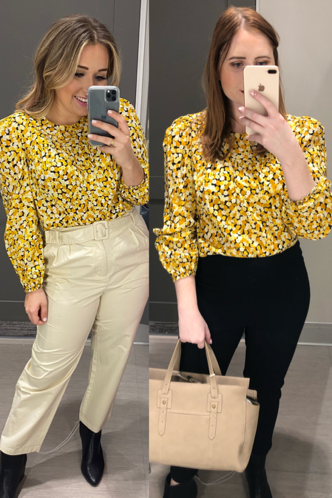 Target Try On January 2020. Tampa Florida bloggers Sara Magnolia and Affordable by Amanda wear bright yellow Women's Balloon Long Sleeve Round Neck Blouse - Who What Wear™ inside Target try-on session.