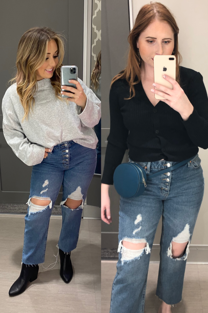 Target Try On January 2020. Tampa bloggers Sara Magnolia and Affordable by Amanda wear Target Women's High-Rise Distressed Straight Ankle Length Jeans - Wild Fable™ Light Wash Jeans in sizes 10.