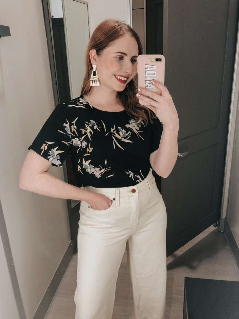 Amanda Burrows of the Florida style blog Affordable by Amanda wears Women's High-Rise Wide Leg Cropped Pants - A New Day™ and Women's Floral Print Short Sleeve Round Neck Satin T-Shirt - A New Day™.