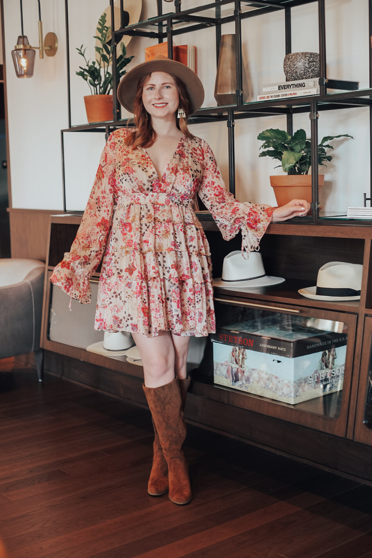48 Hours in Savannah: Hotel Review The Alida Hotel. Amanda Burrows of Affordable by Amanda wears a floral Free People dress inside the Alida Hotel in Savannah, Georgia.