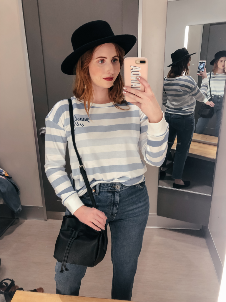 Target Try On Haul. Women's Striped Embroidery Sweatshirt (Juniors') - Blue