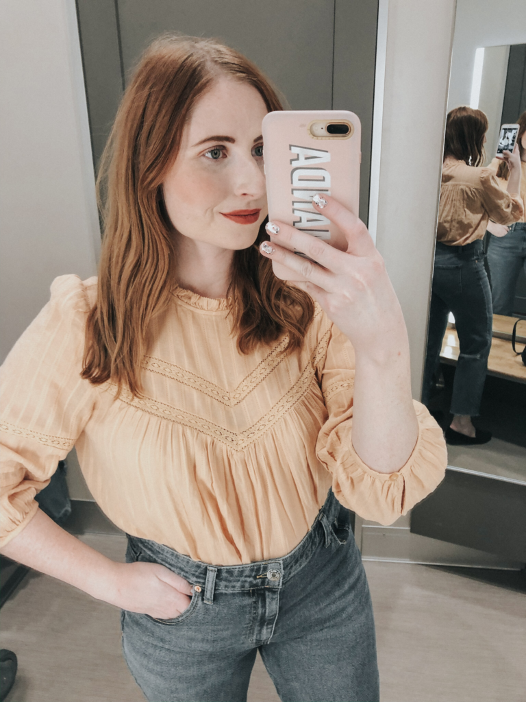 Target Try On Haul - February 2020. Amanda Burrows of the style blog Affordable by Amanda wears a Women's 3/4 Sleeve Crewneck Prairie Shirt - Universal Thread™ and wide leg denim jeans from Wild Fable.