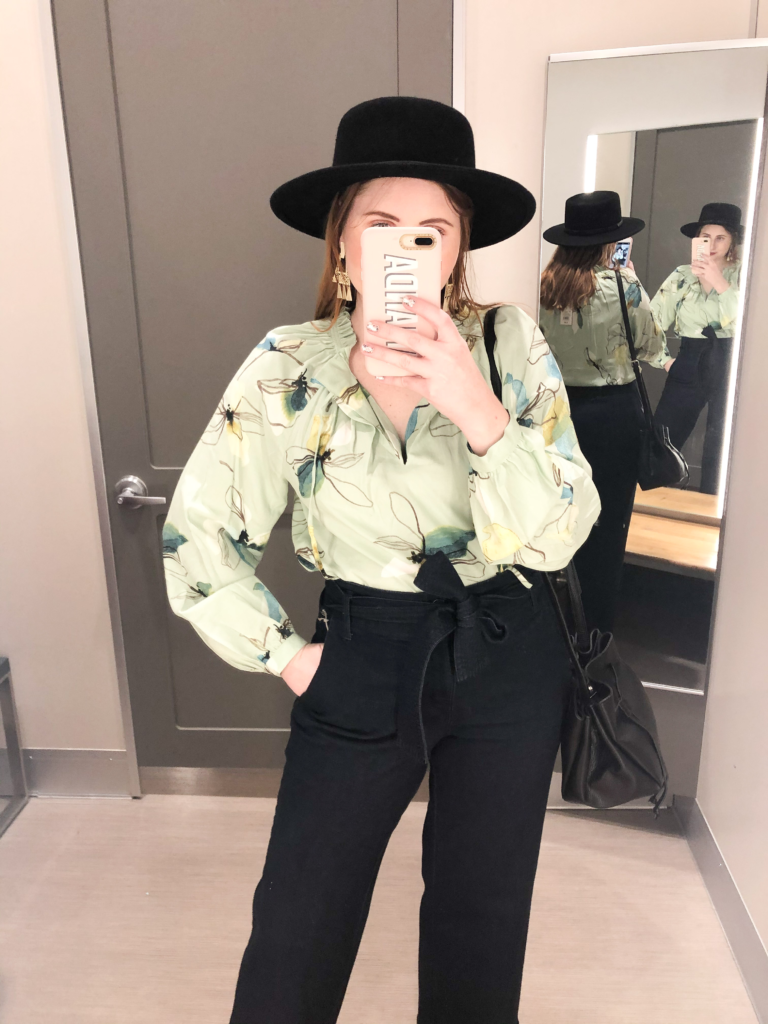 Bishop Long Sleeve Collared Blouse and Belted Wide Leg Denim Pants at Target, Spring fashion 2020 try-on haul with Affordable by Amanda.
