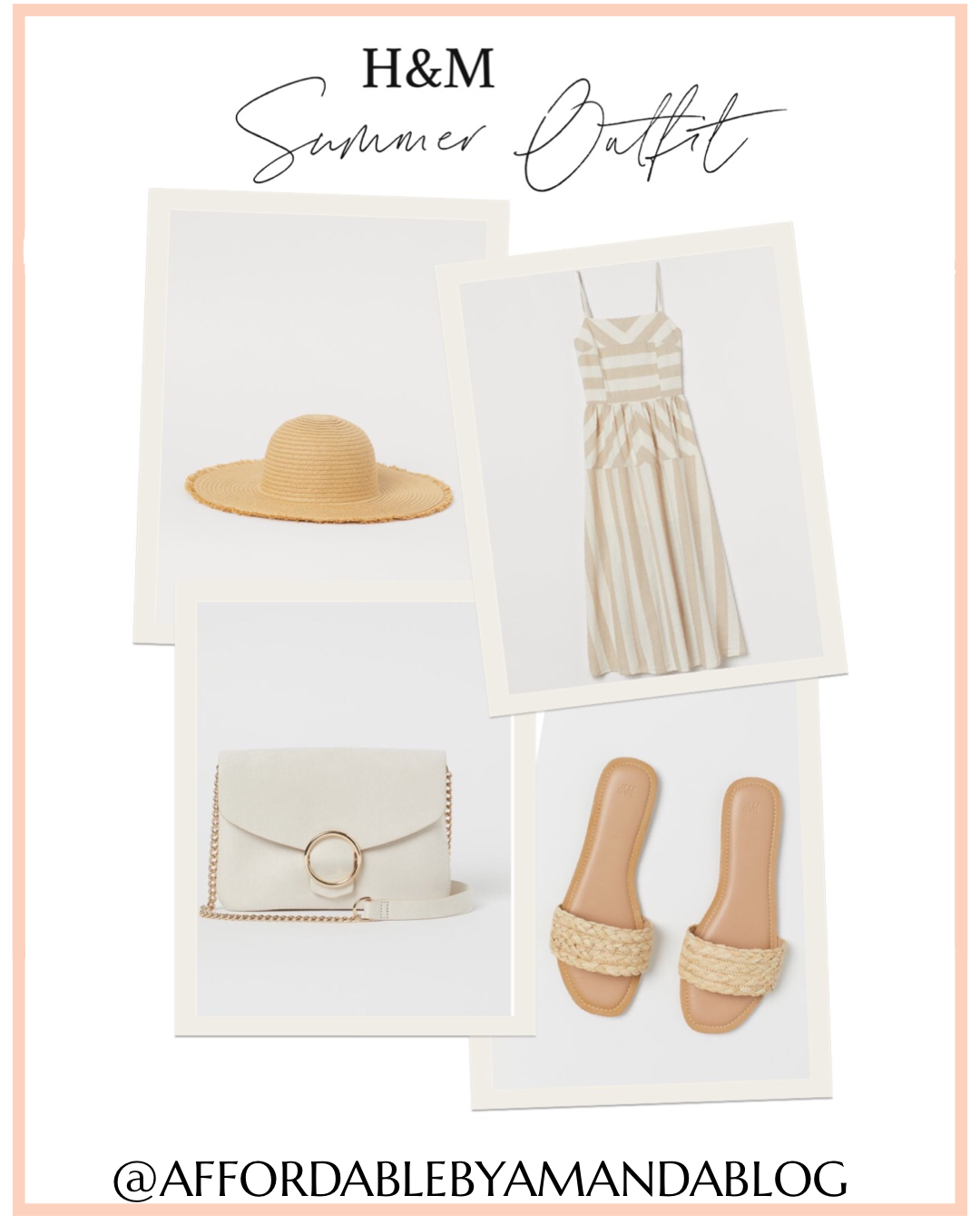 Sleeveless, calf-length dress in airy, woven fabric | Hat in braided paper straw with fringe-trimmed brim. | $17.99 Slides with a wide strap over foot. Faux leather lining and insoles. | $19.99 Small shoulder bag. Shoulder strap with chain fastening, flap with decorative metal ring