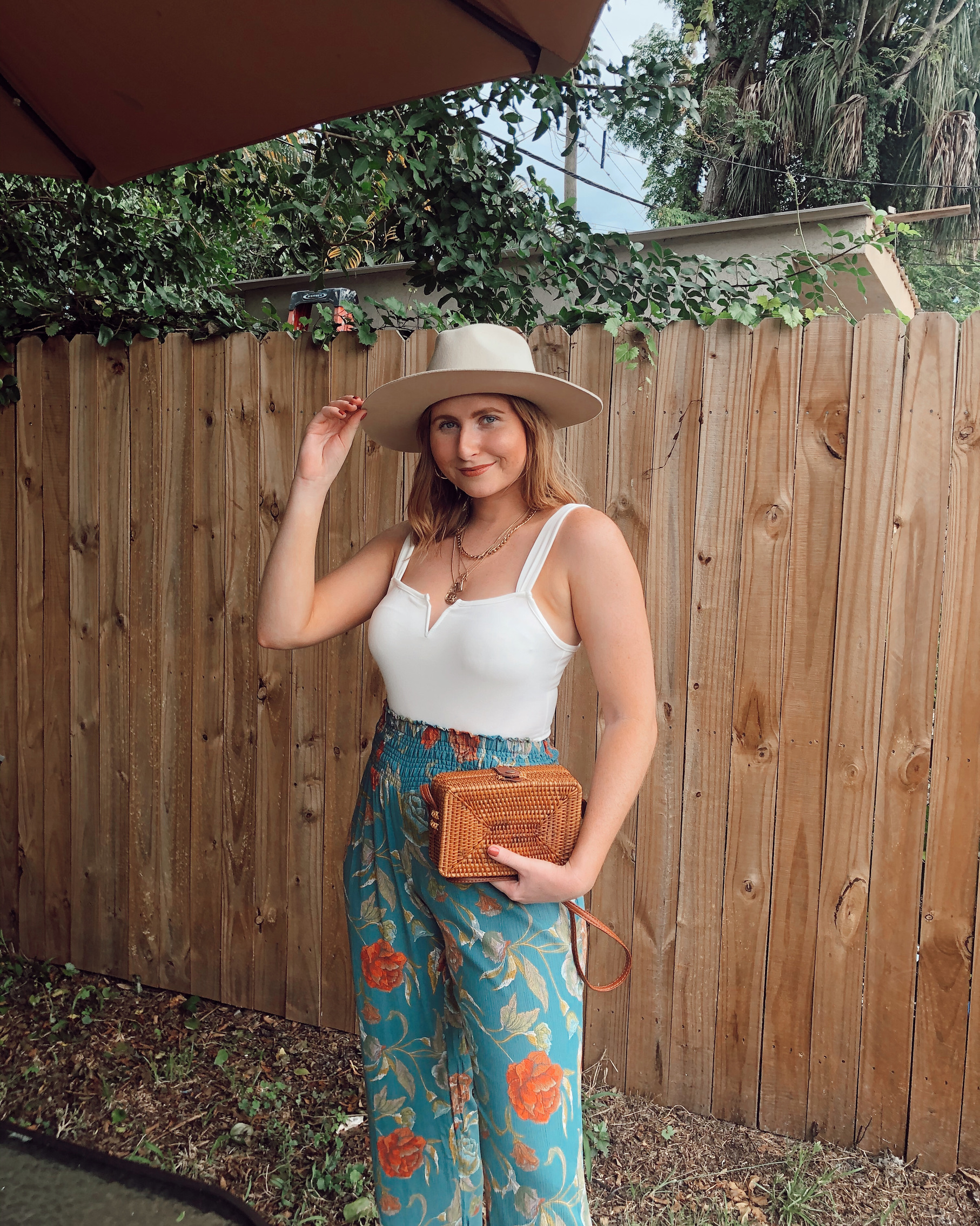 Outfits From Summer to Fall - Juniors' Johnny Floral-Print Pants | V Wire Bodysuit (Ivory) | HAAN Women Handwoven Wicker Rattan Crossbody Rectangle Bag Boho Purse | Summer to Fall Outfits 2020 - Transition Wardrobe from Summer to Fall - Summer to Fall Outfit Ideas 2020 - Cute Fall 2020 Outfit Ideas