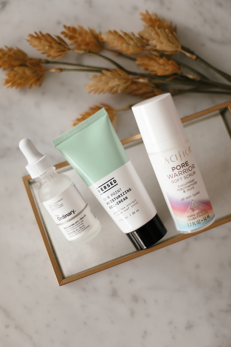 BEST DRUGSTORE BEAUTY PRODUCTS: SKINCARE | Affordable by Amanda | The Ordinary Niacinamide 10% + Zinc 1% | Versed Dew Point Moisturizing Gel Cream | Pacifica Pore Warrior Soft Scrub 