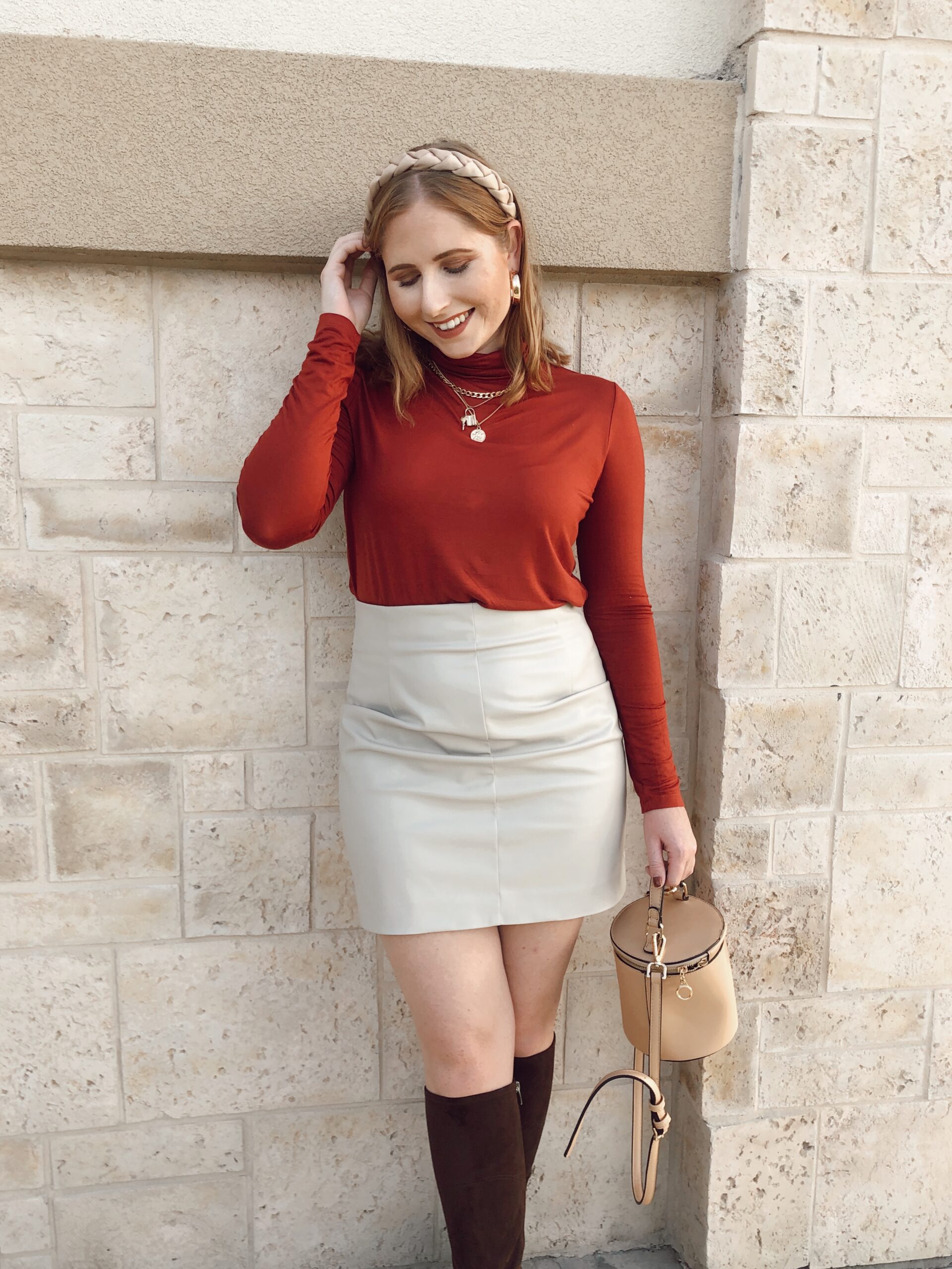 Redhaired Woman Wears Rust Long Sleeve Turtleneck Top Faux Leather Mini Skirt Brown Knee High Boots Scaled 