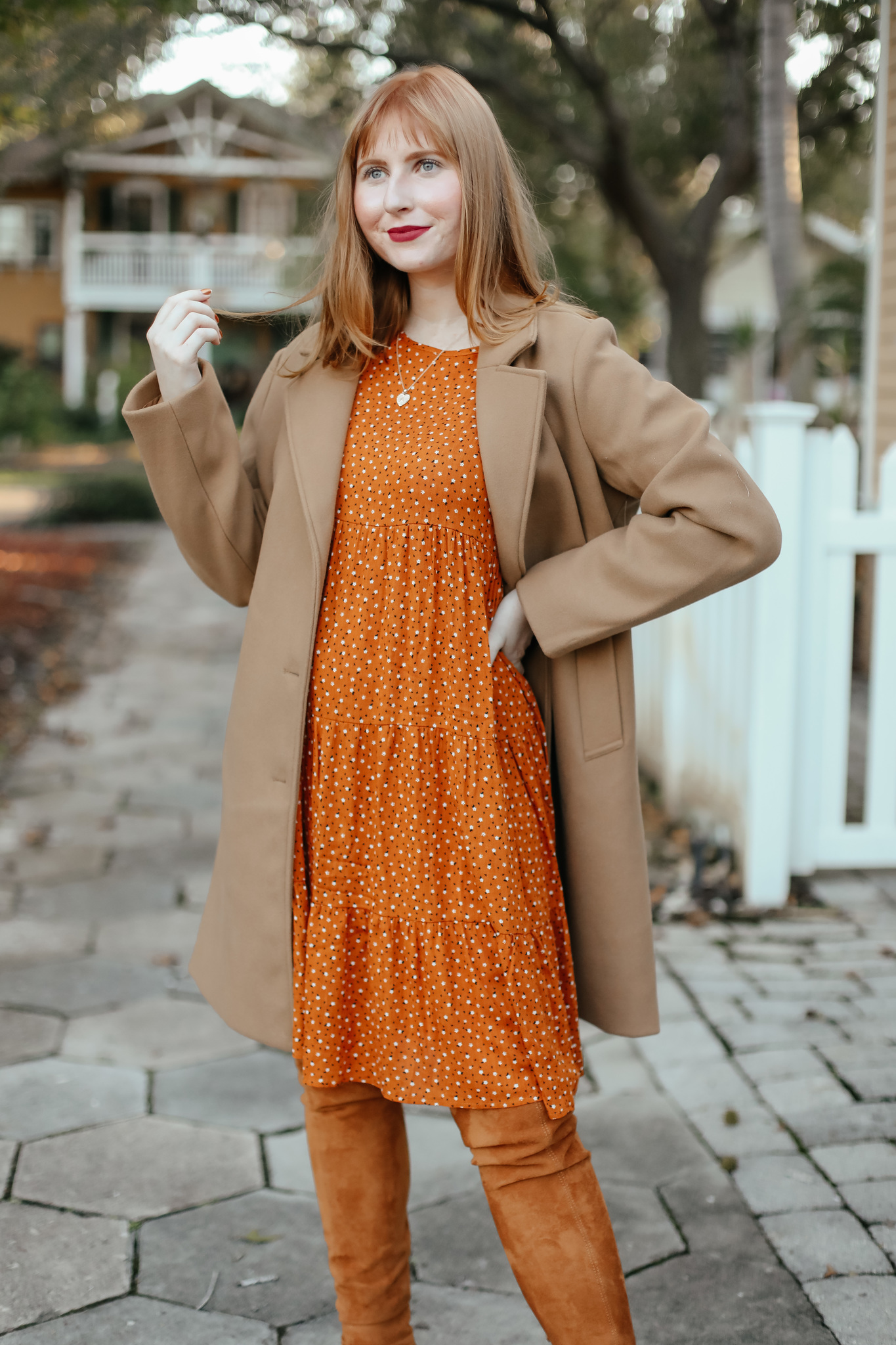 Time and Tru Women's Faux Wool Button Front Dad Coat - Affordable by Amanda wears orange dress, tan suede over the knee boots, and a tan Dad coat. 