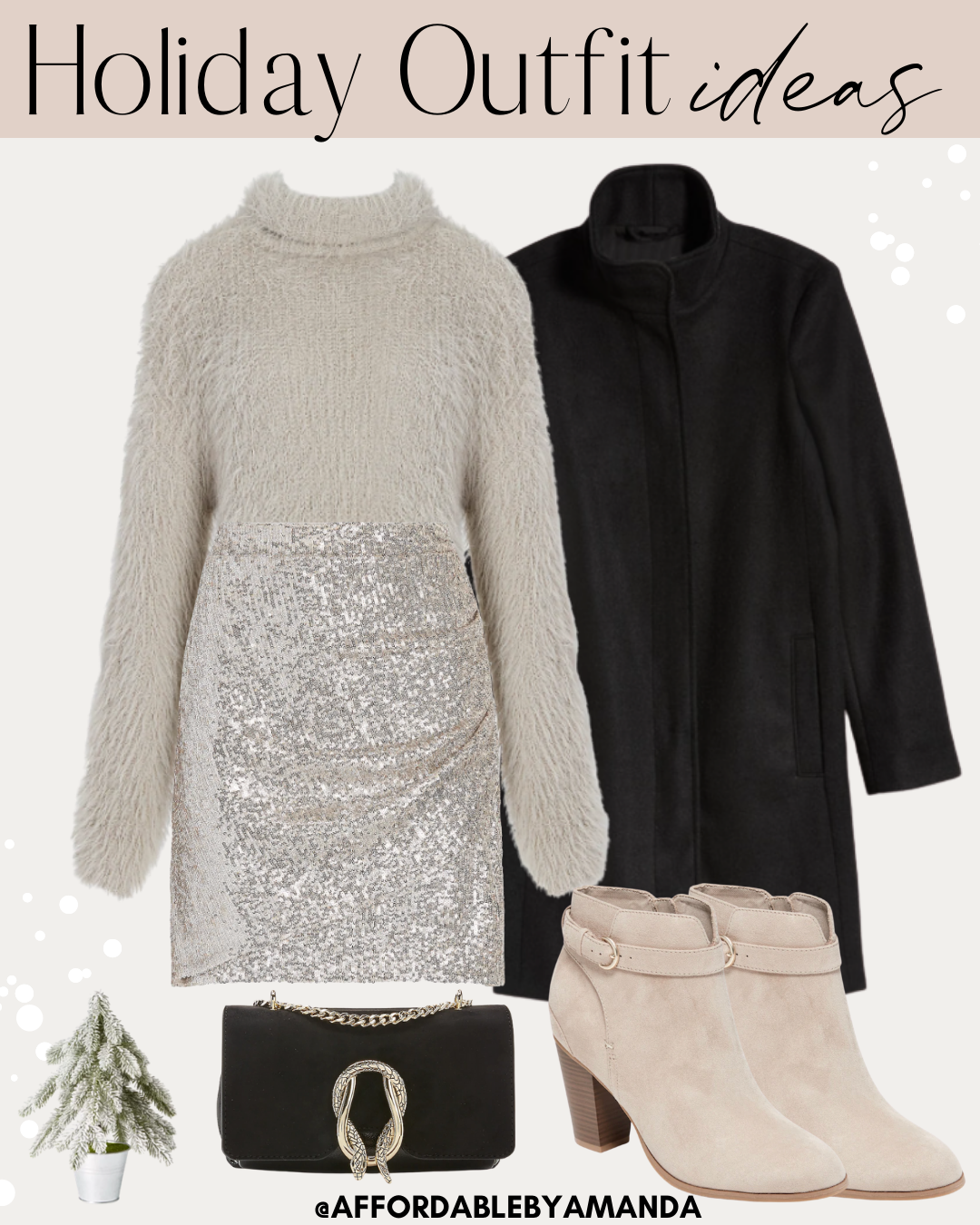 Fuzzy Faux Fur Cowl Neck Sweater | Sequin Skirt | Black Funnel Neck Coat - Affordable Holiday Outfit Ideas