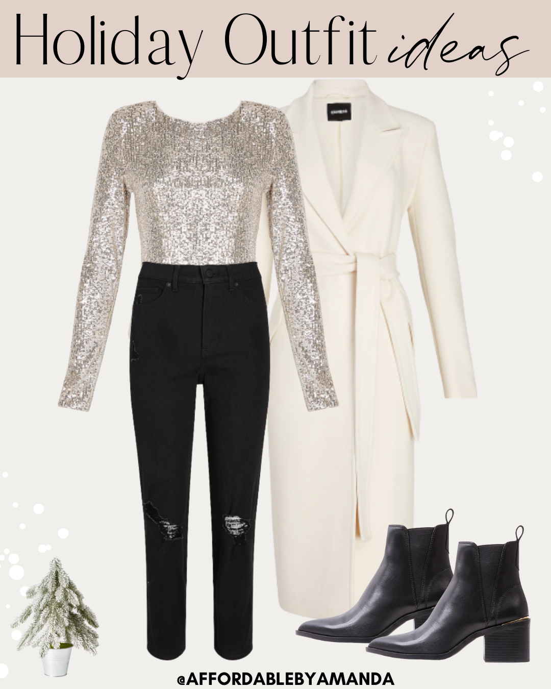 Sequin Bodysuit, White Coat, Black Jeans, Black Ankle Boots - Affordable by Amanda