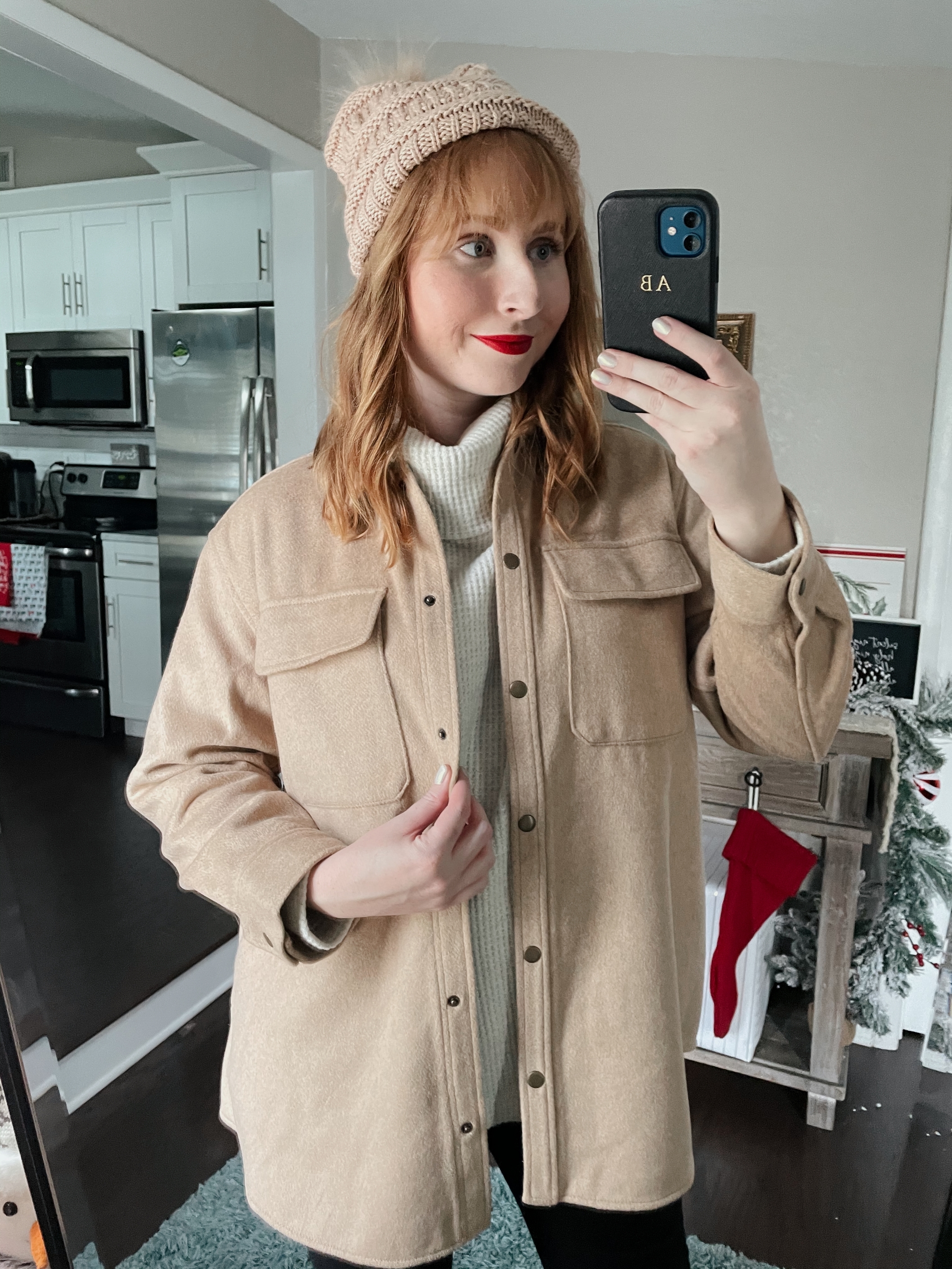 Old Navy Soft-Brushed Utility Shirt Jacket for Women | Affordable by Amanda wears a brown shirt jacket, white turtleneck waffle knit top, and blush pink beanie.