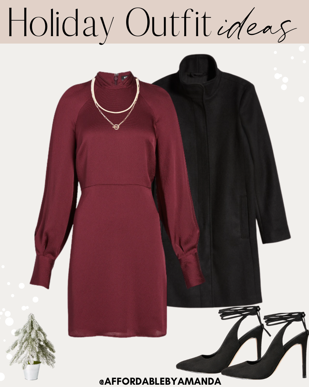Satin Mock Neck Dress - Black Funnel Neck Coat - Holiday Outfit Idea - Affordable by Amanda