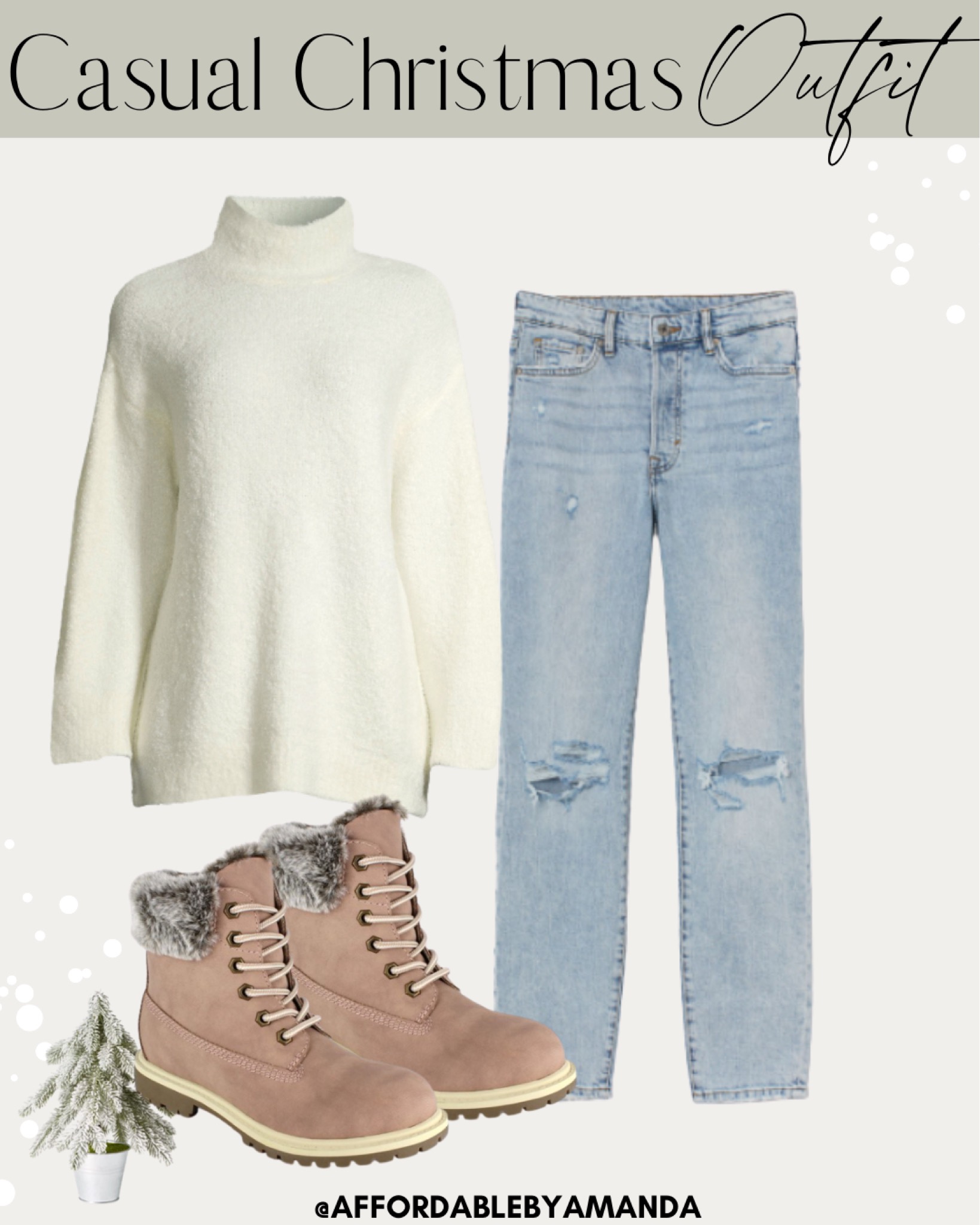 Casual Christmas Outfits | Scoop Women's Cozy Funnel Neck Tunic Sweater | Mom High Ankle Jeans | Women's Snow Boots | Affordable by Amanda