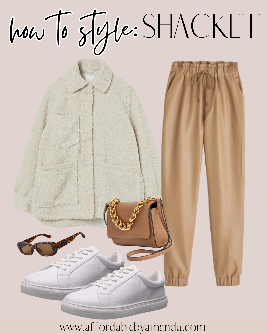 Best Shackets and How to Style Them | Affordable by Amanda | Oversized faux shearling shirt jacket, Abercrombie vegan joggers, white sneakers