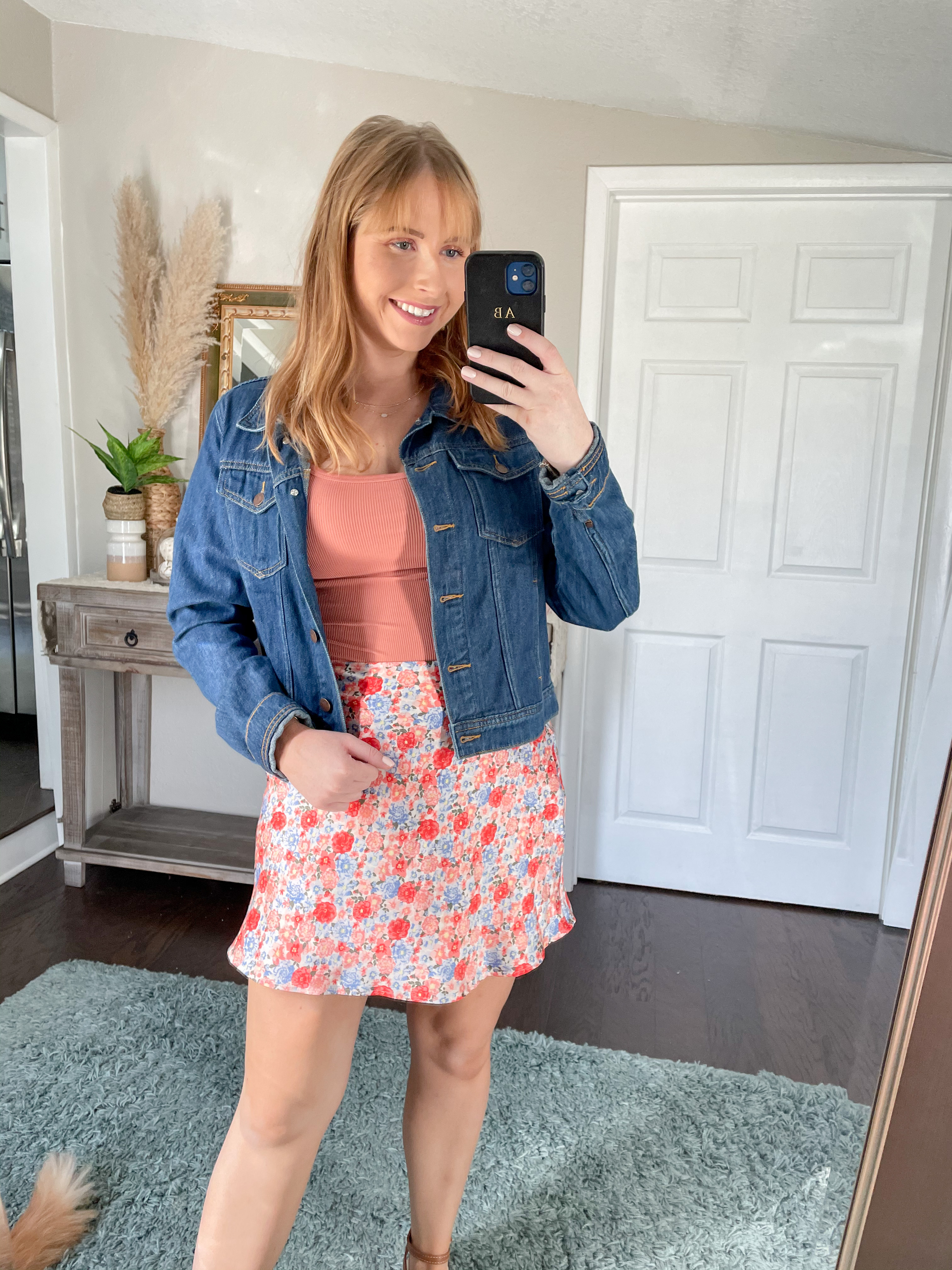 Womens New Arrivals Clothing - Women's Clothing - Walmart.com | Affordable by Amanda wears a coral camisole, floral mini skirt, and denim jacket.