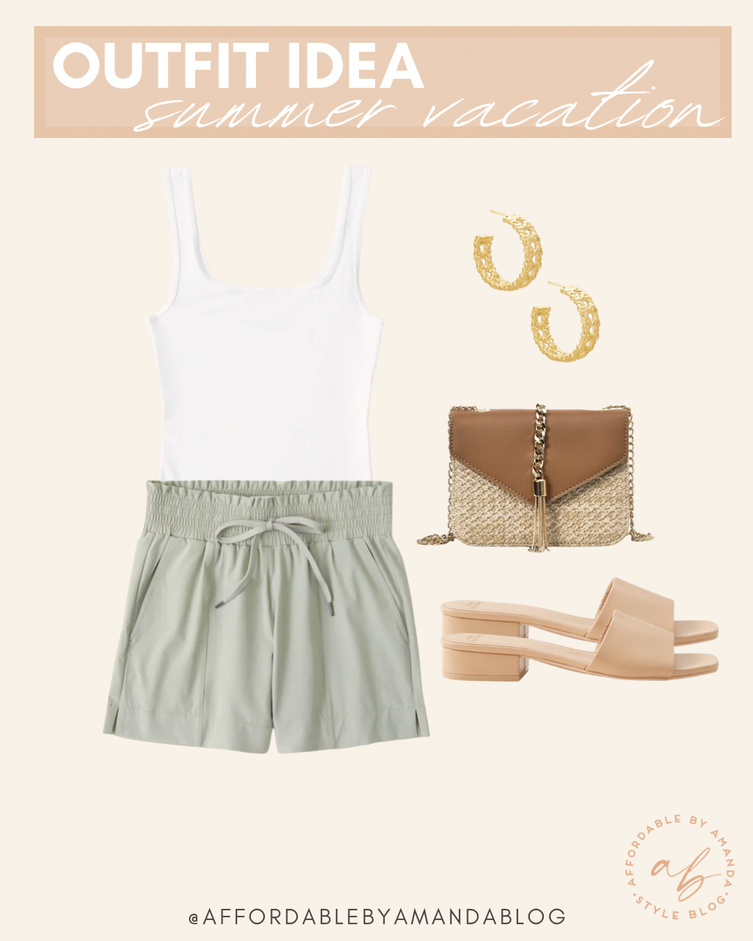 Outfit Idea - Summer Vacation Outfit 2021 - White Bodysuit - Sage Green Shorts