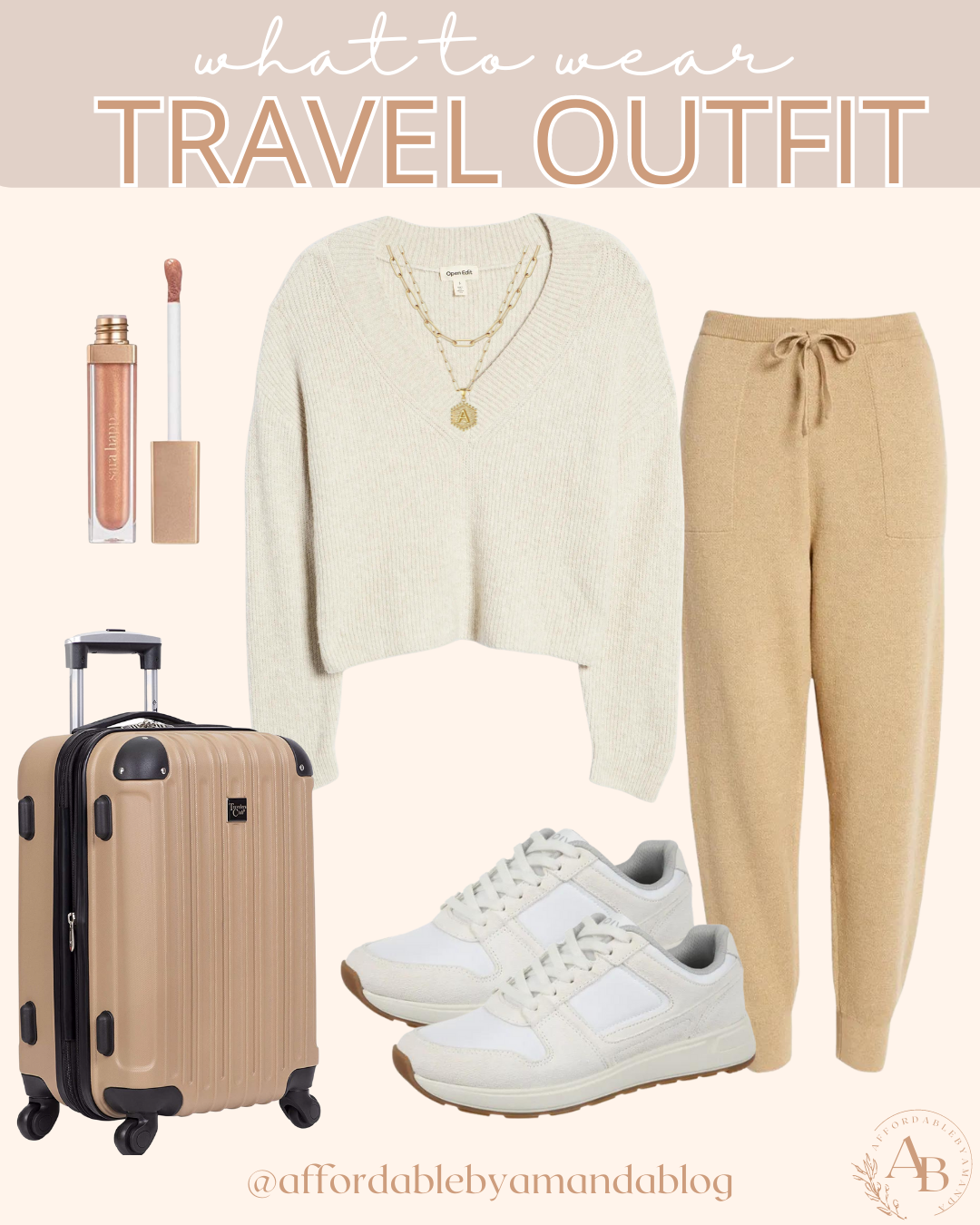 Travel Outfit Idea - Rib Stitch Sweater with Sweater Joggers and White Sneakers for a Plane Ride - Affordable by Amanda