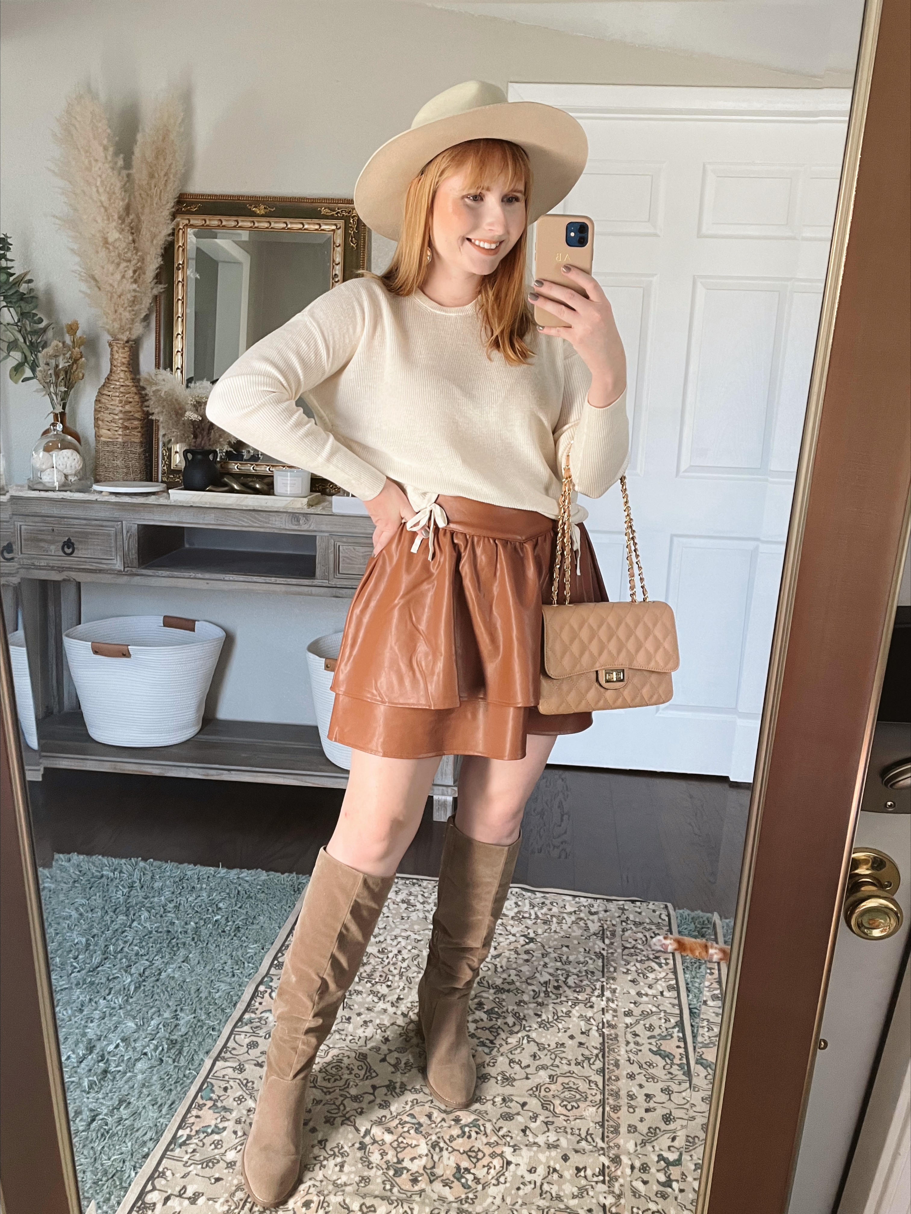 Stylish Fall Outfit Ideas 2021 - Express Sweater and Faux Leather Mini Skirt