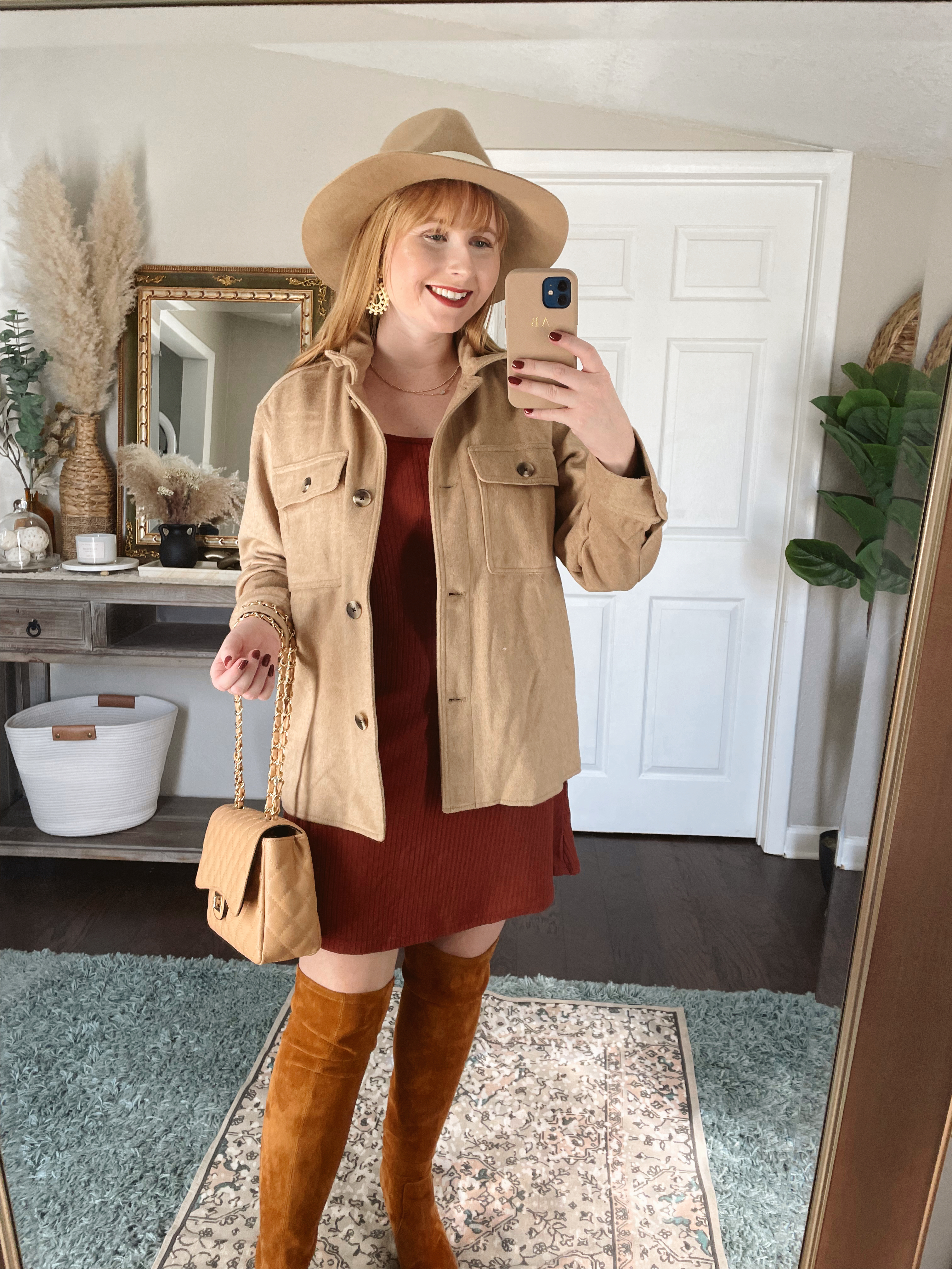 Stylish Fall Outfit Ideas. Affordable by Amanda wears a brown Soft-Brushed Utility Shacket for Women over a maroon Fit &Flare Rib-Knit Long-Sleeve Mini Dress 