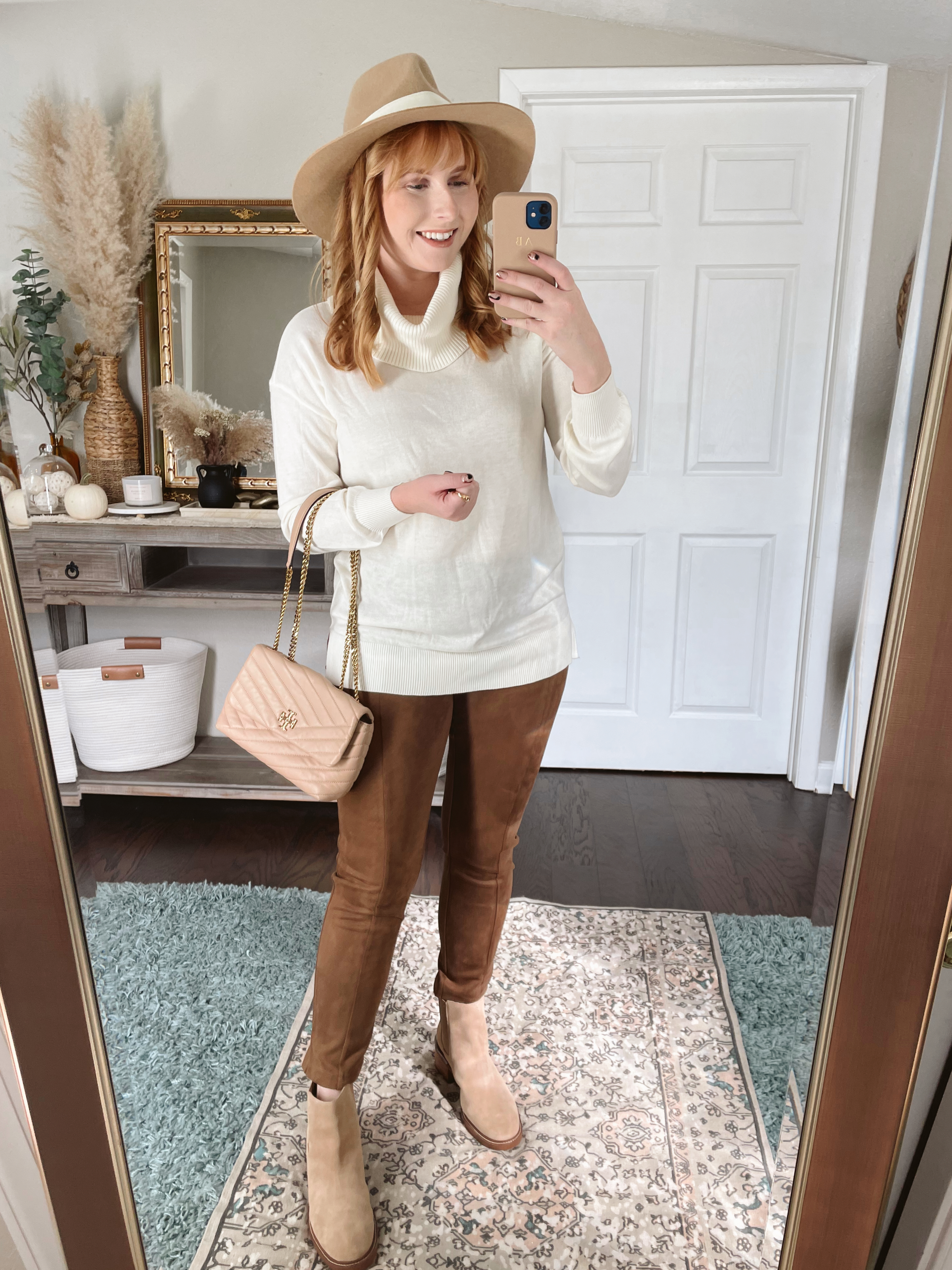 Affordable by Amanda wears LOFT Cowl Tunic Sweater and brown faux suede leggings