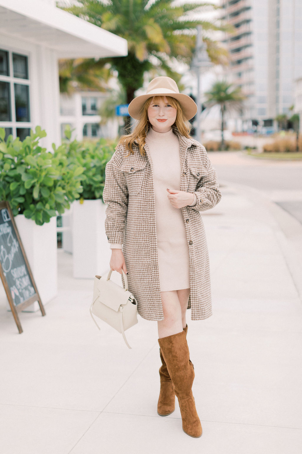 Brown sweater dress, houndstooth coat, brown knee high boots