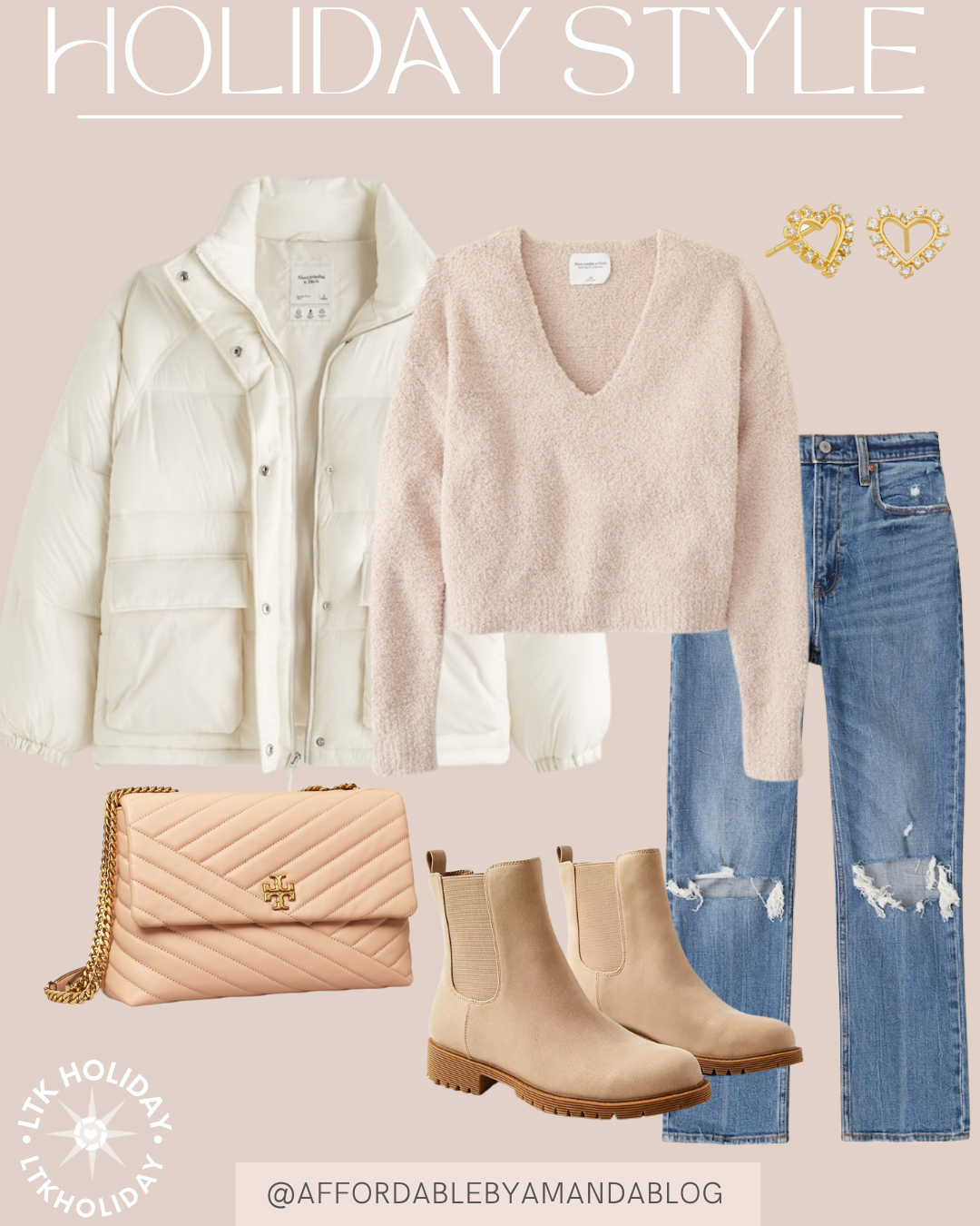 white puffer coat, pink v-neck sweater, ripped denim jeans, brown chelsea boots
