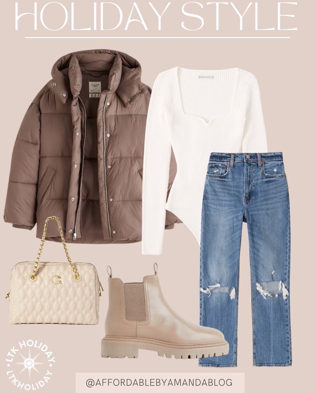 brown puffer jacket, white bodysuit, ripped denim jeans, brown chelsea boots