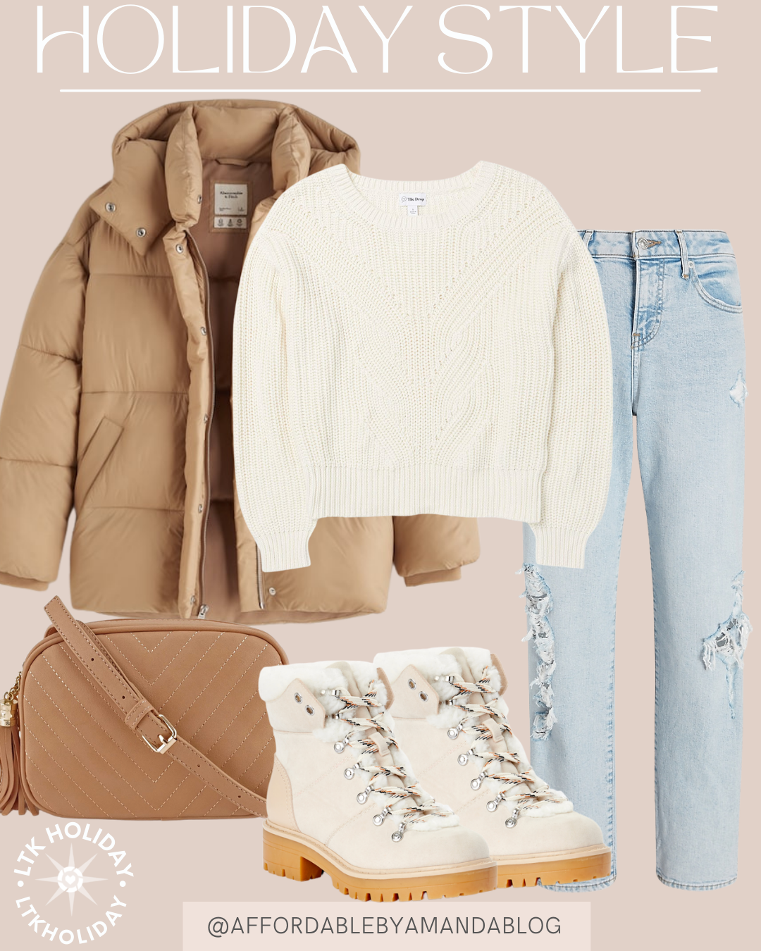 abercrombie and fitch oversized utility puffer jacket, white cable knit sweat, light wash denim jeans 