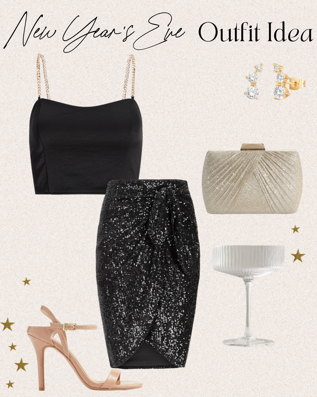 Black Cropped Cami and Black Sequin Mini Skirt Outfit for New Year's Eve 
