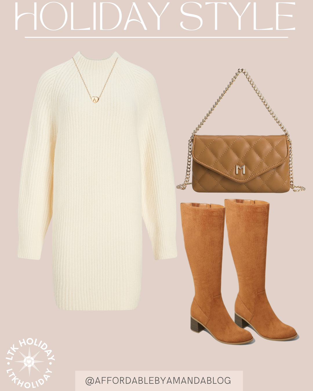 cream ribbed sweater dress and brown knee high boots