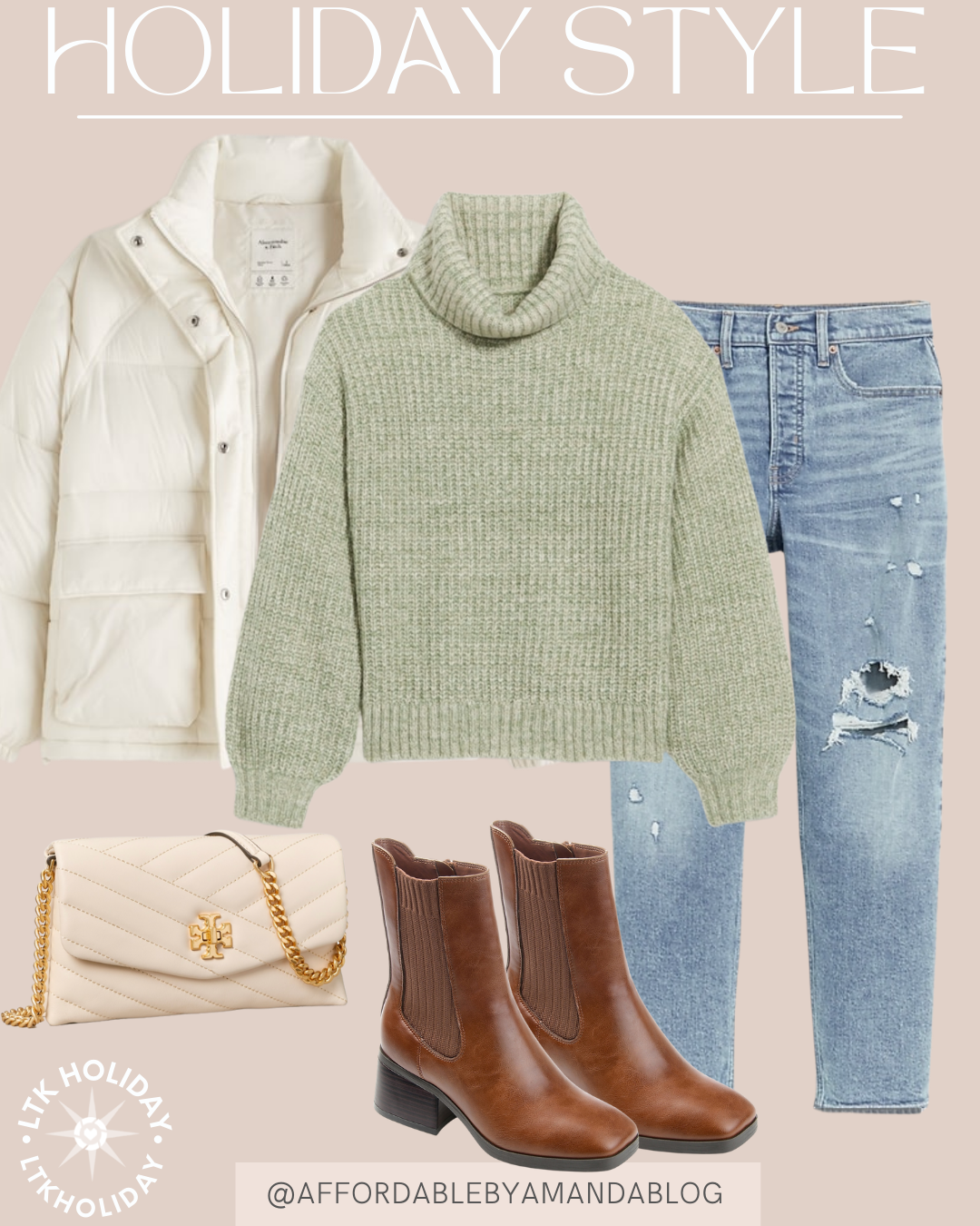 green turtleneck sweater, white puffer jacket, ripped denim jeans