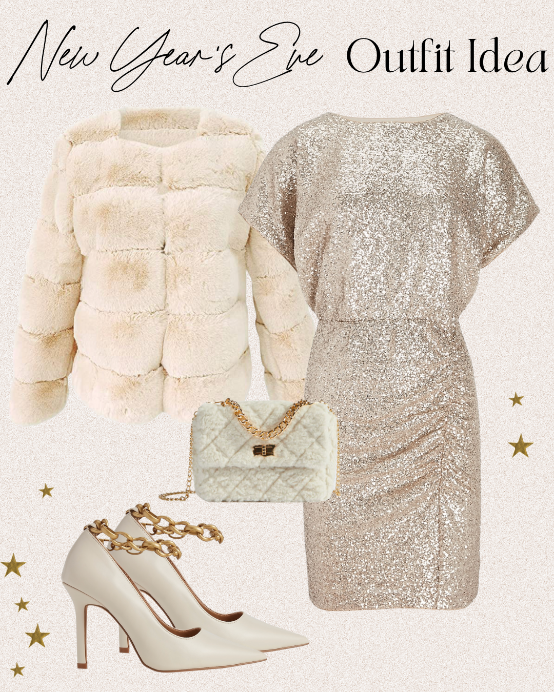 New Years Eve Outfit Ideas 2021. Sequin Mini Dress with White Faux Fur Jacket.