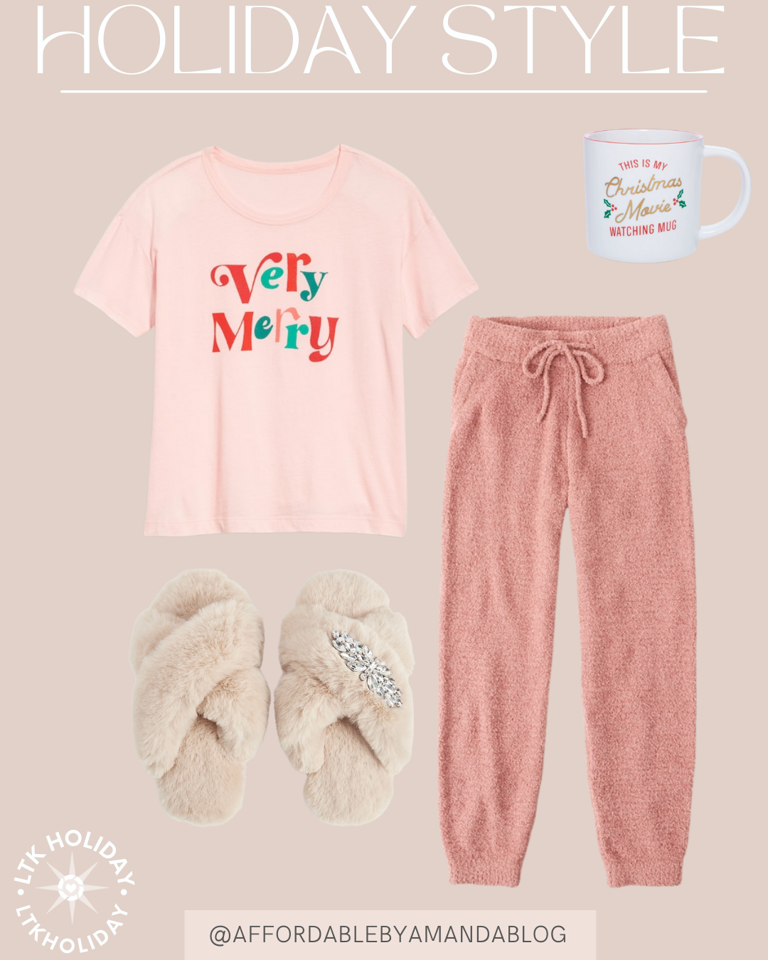 pink old navy very merry t-shirt, pink chenille joggers, fuzzy slippers