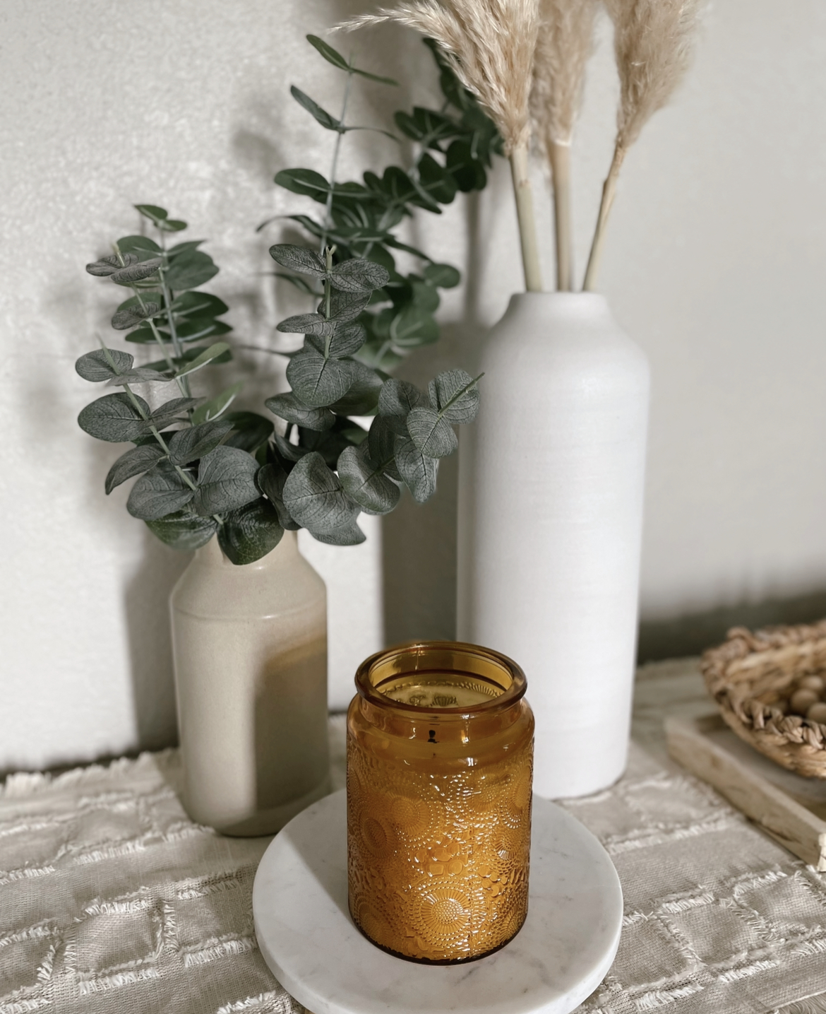 8" x 4" Carved Ceramic Vase Gray - Threshold™ designed with Studio McGee with Green Eucalyptus Stems