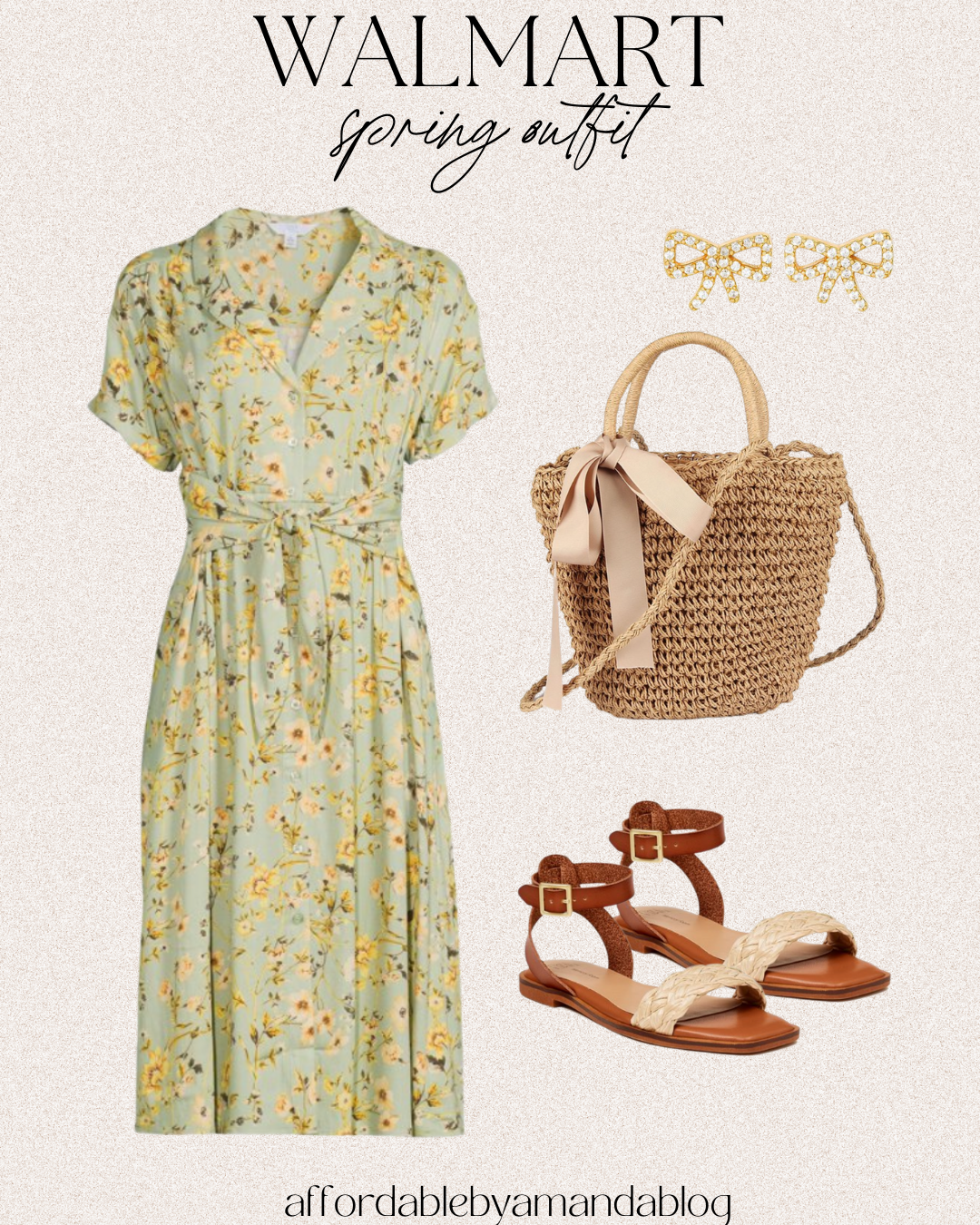 Green floral dress, brown ankle strap braided sandals, straw bag