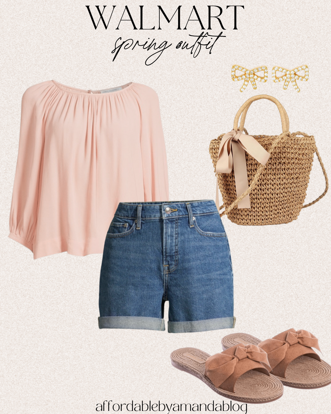 Pink top, denim shorts, straw rattan bag, brown sandals