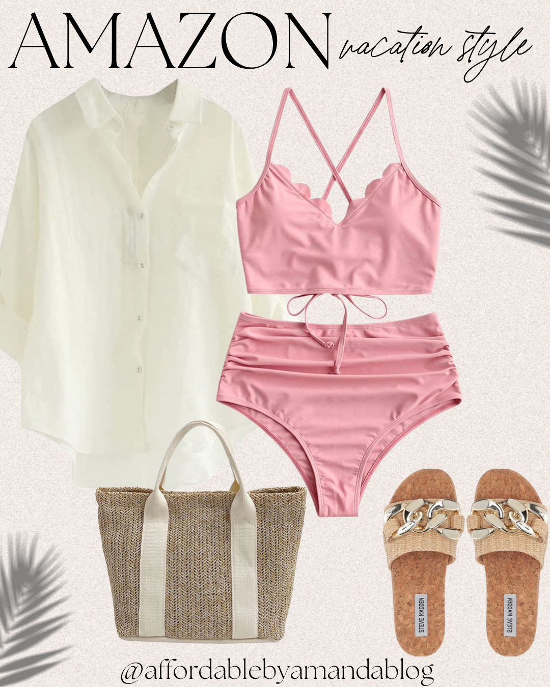White beach cover up, pink scalloped bikini, woven wicker sandals, Amazon vacation outfit idea