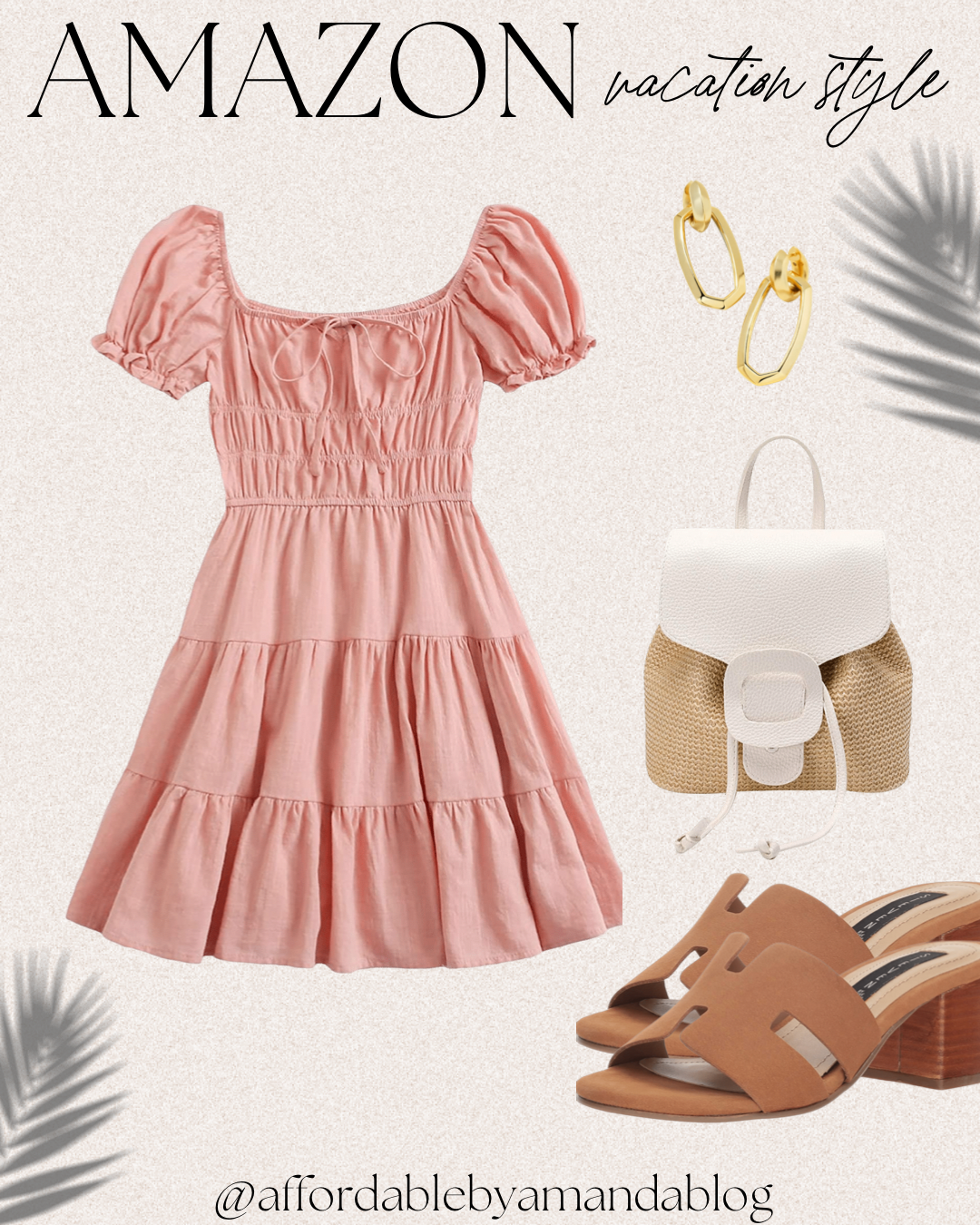 Pink ruffle mini dress, brown H-sandals, white and wicker rattan backpack