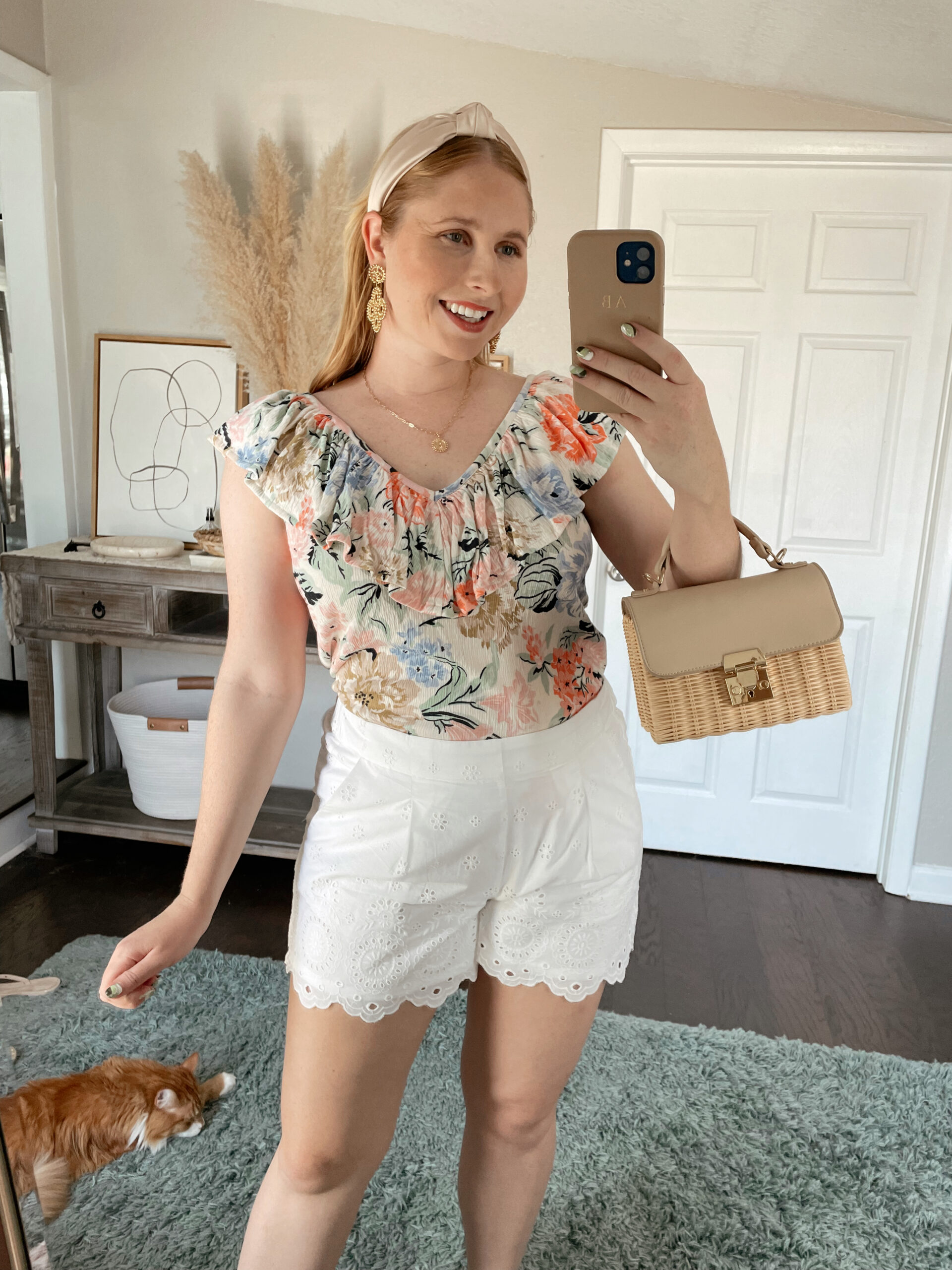 Affordable by Amanda wears a garden crinkle ruffle top with white eyelet pull on shorts from LOFT for the summer