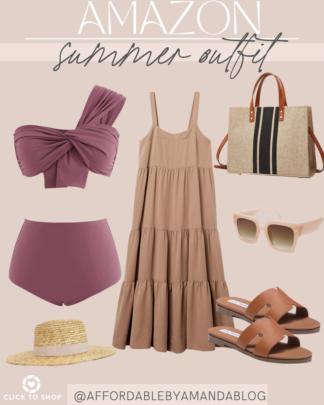 Purple swimsuit, tan tiered maxi dress, tan sandals, beach vacation outfit from Amazon. 