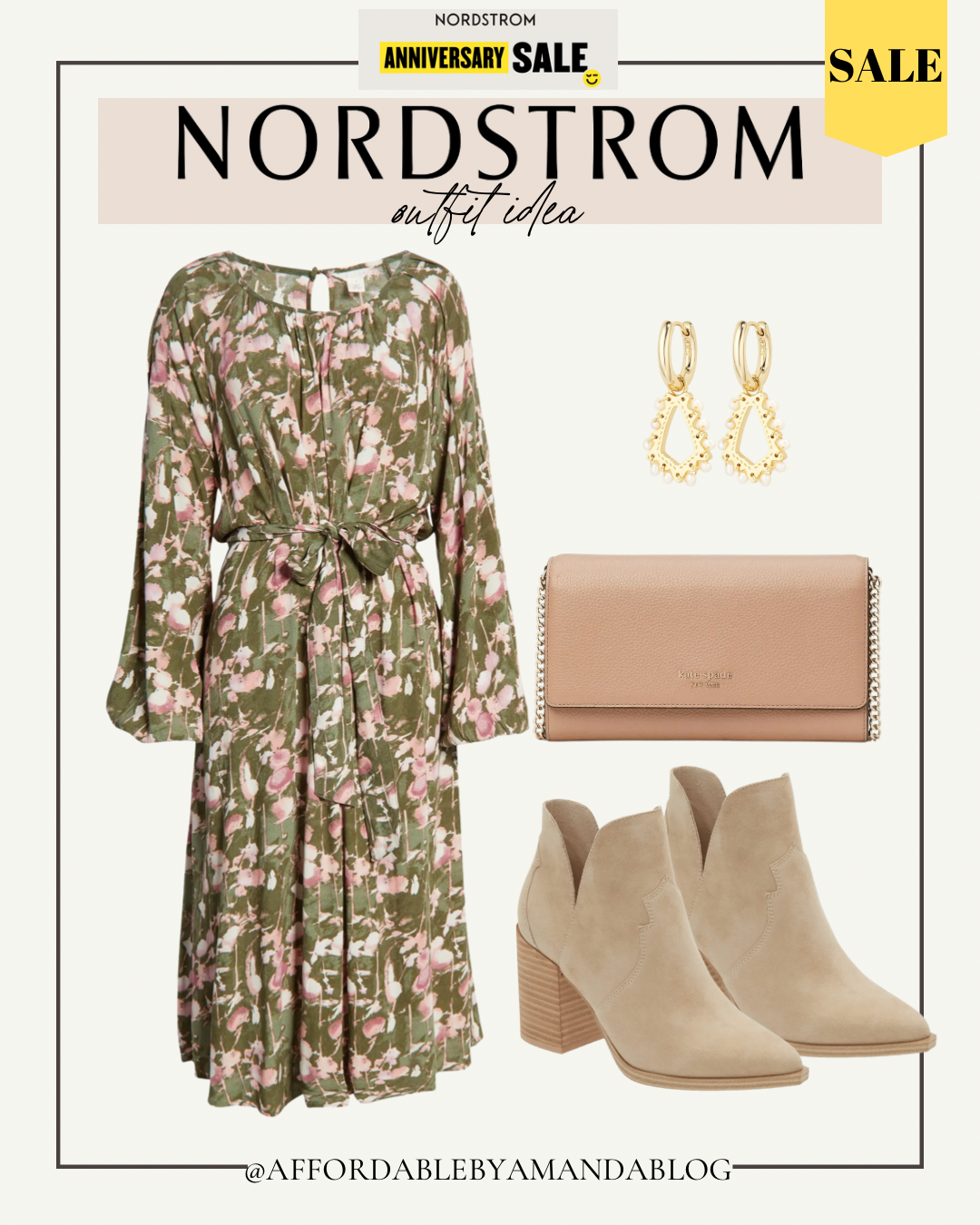 Floral Midi Dress, Neutral Ankle Booties, Fall Outfit Nordstrom