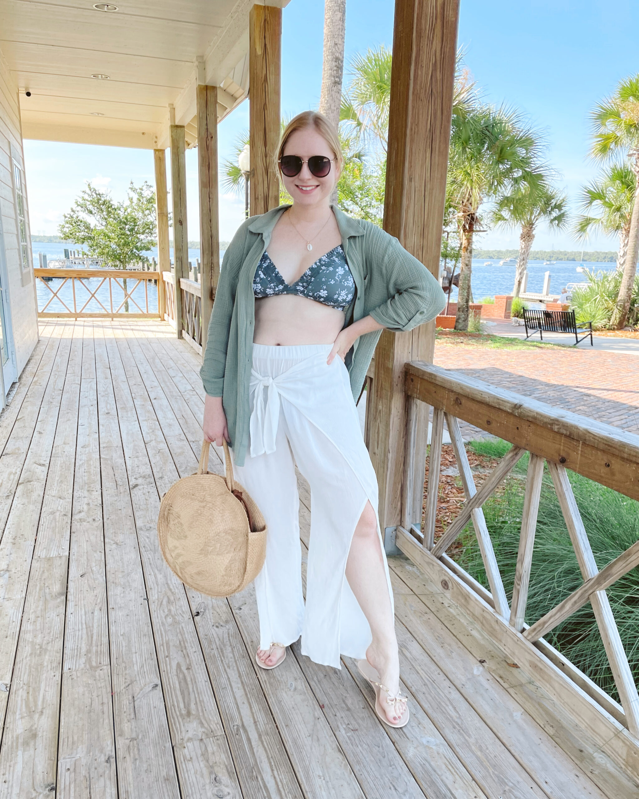 Green and white bikini, green linen shirt, white beach pants - Casual Summer Outfits for Women - Amazon Summer Outfits for Women - Classy Summer Outfits for Ladies - Cute and Casual Summer Outfits