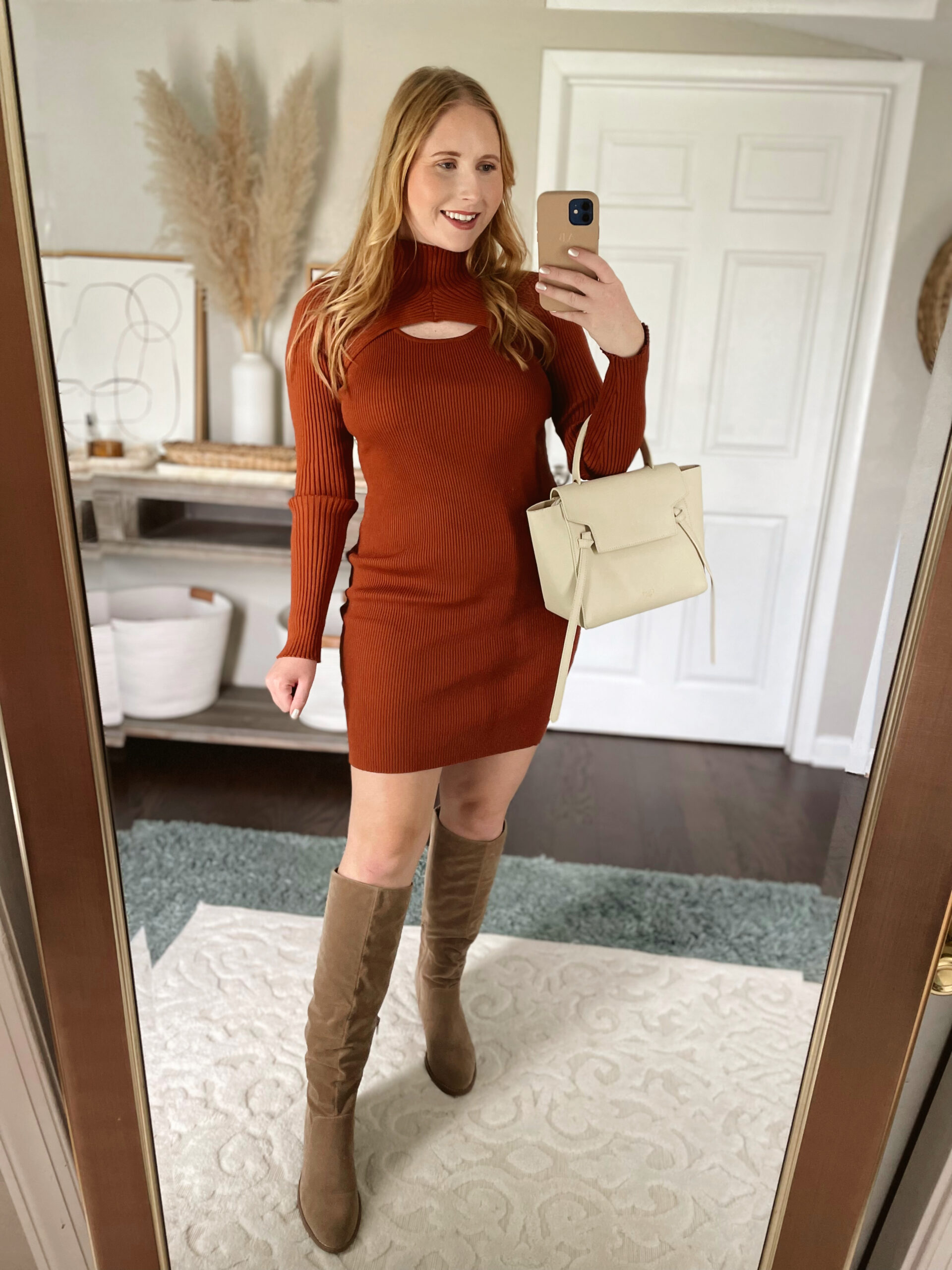 ANRABESS Women's Long Sleeve Mock Neck Cutout Chest Ribbed Knit Bodycon Mini Sweater Dress from Amazon with Knee High Boots