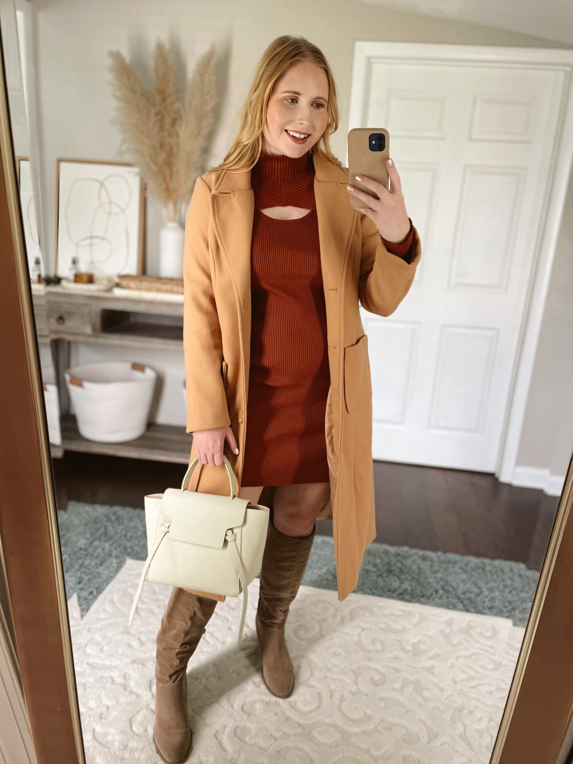 Camel Coat, Rust Sweater Dress, Taupe Knee High Boots - Fall Outfit Ideas 2022