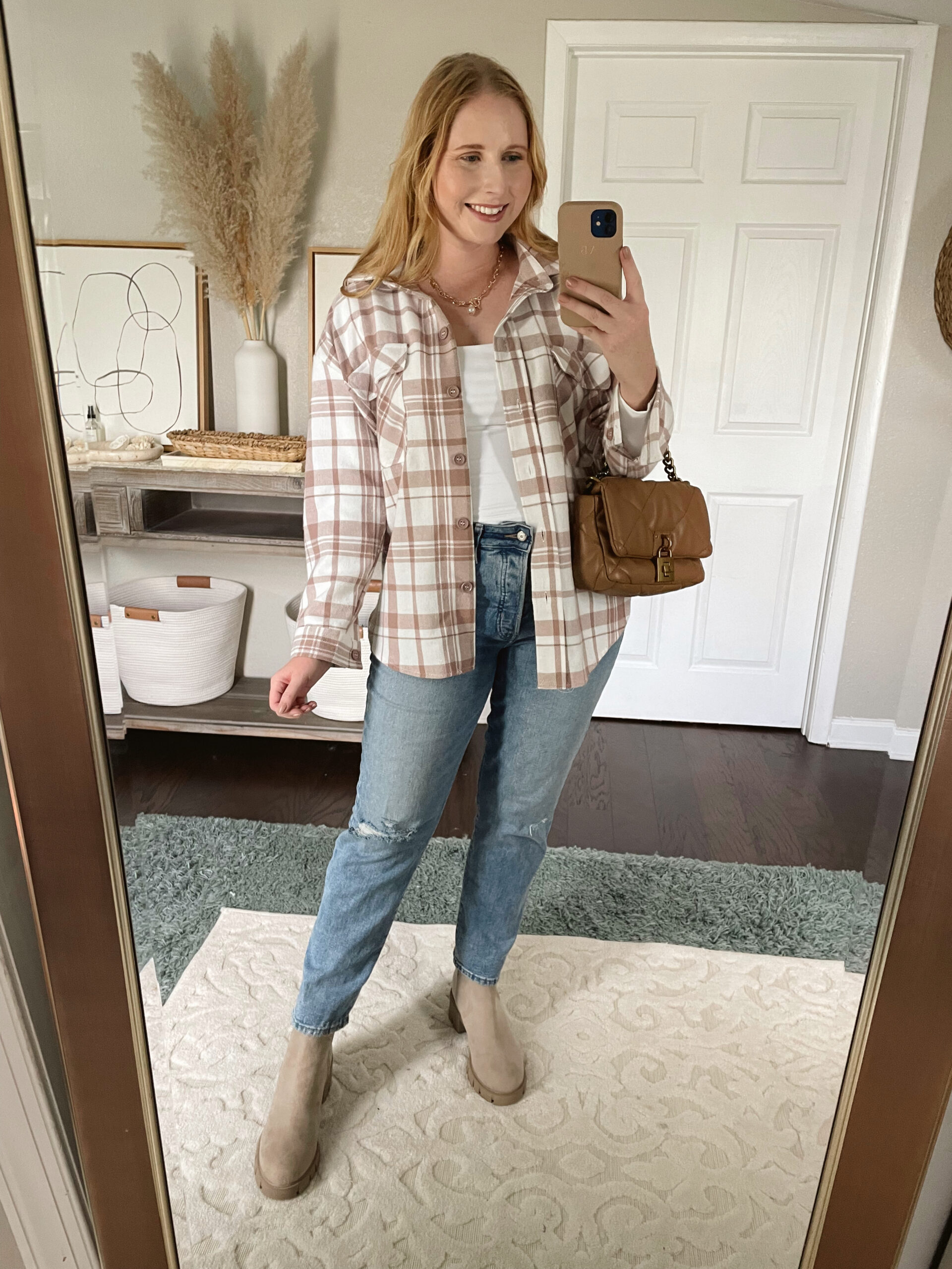 Pink and white plaid shacket, denim jeans, neutral Chelsea boots, fall outfit idea