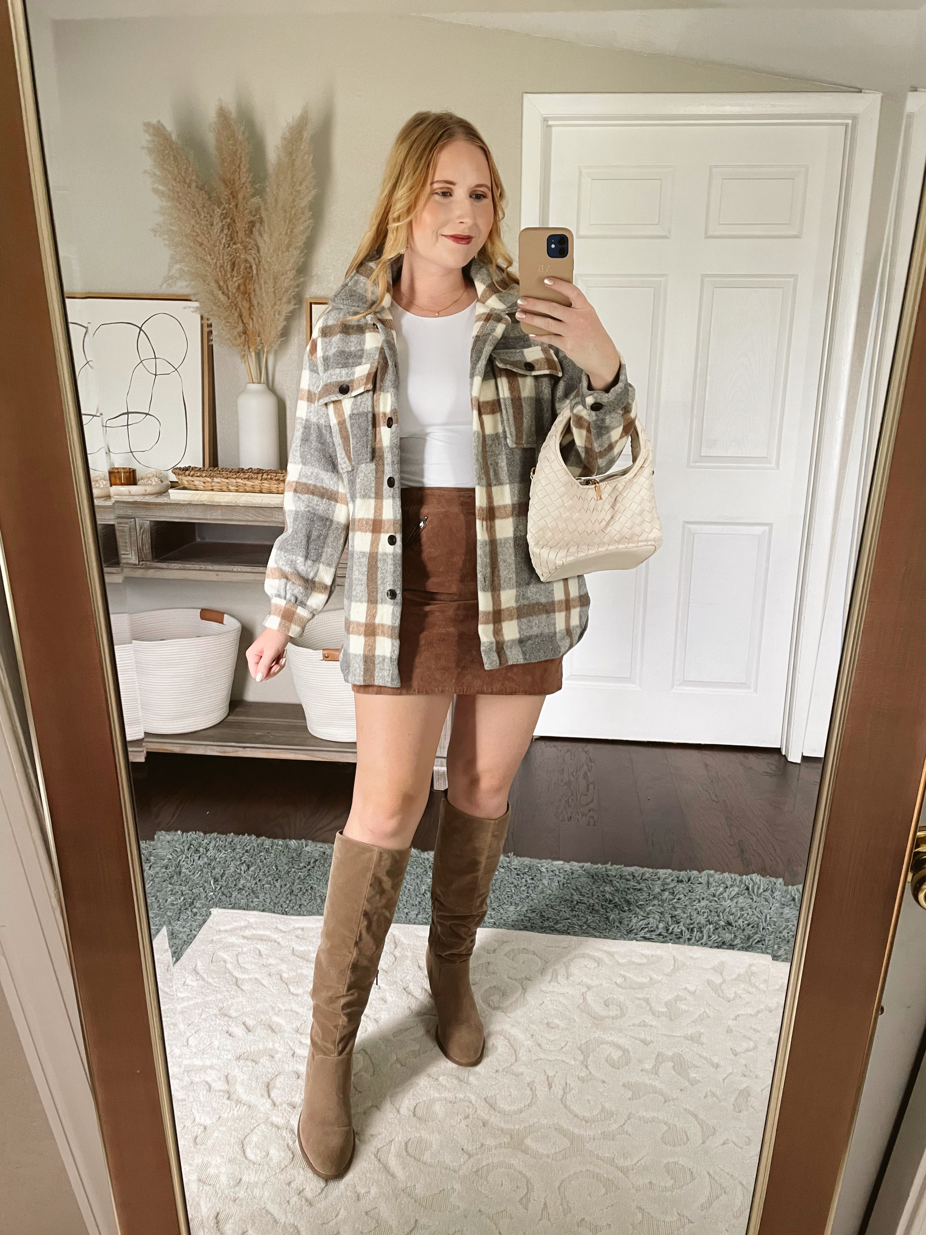 BTFBM Women's Long Sleeve Button Down Jackets Plaid Flannel Shirt Jacket, Brown Mini Skirt, Taupe Knee High Boots - Fall Outfit from Amazon