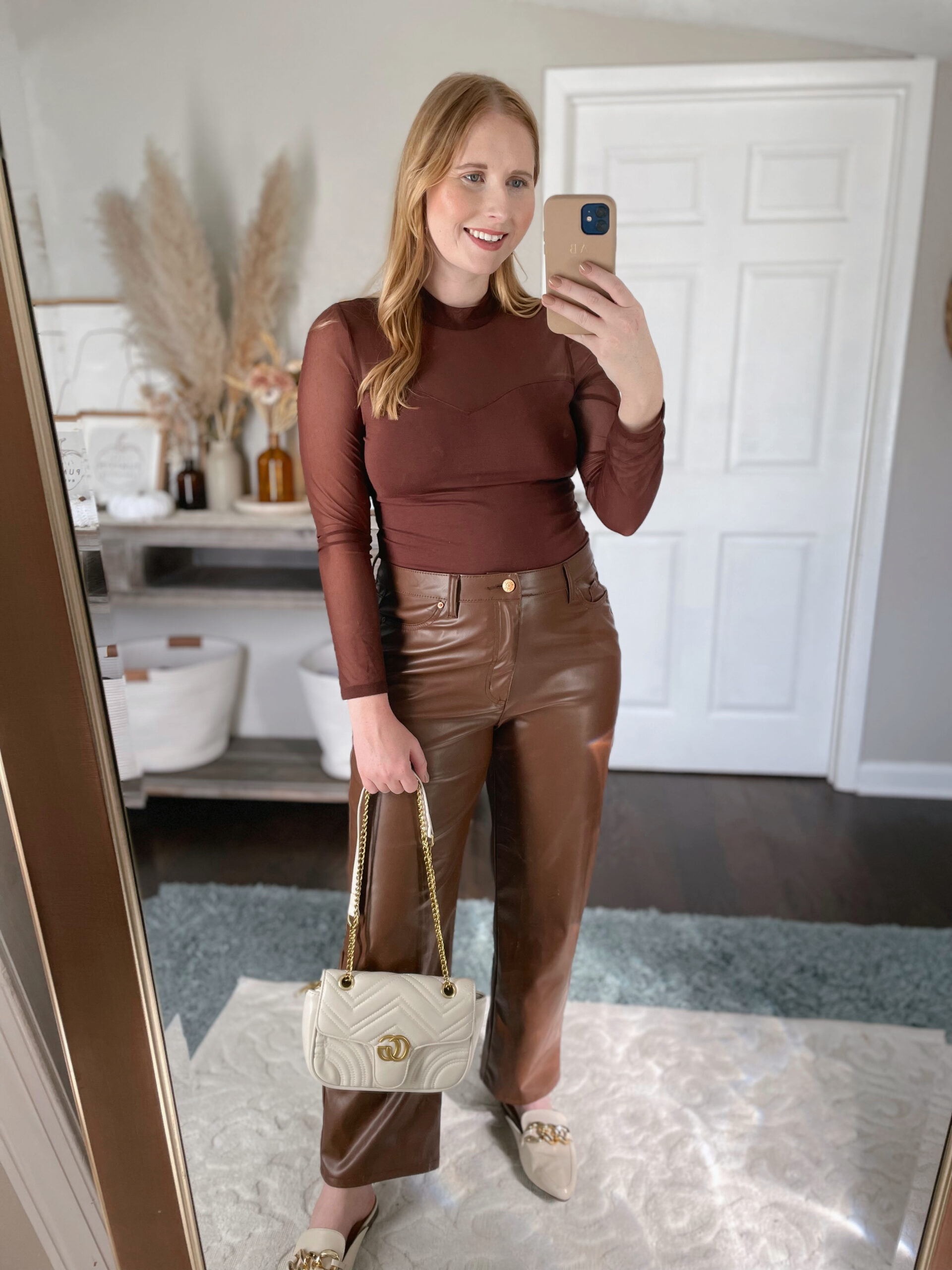 SHEIN Brown mesh top, Walmart Madden NYC Faux Leather Pants