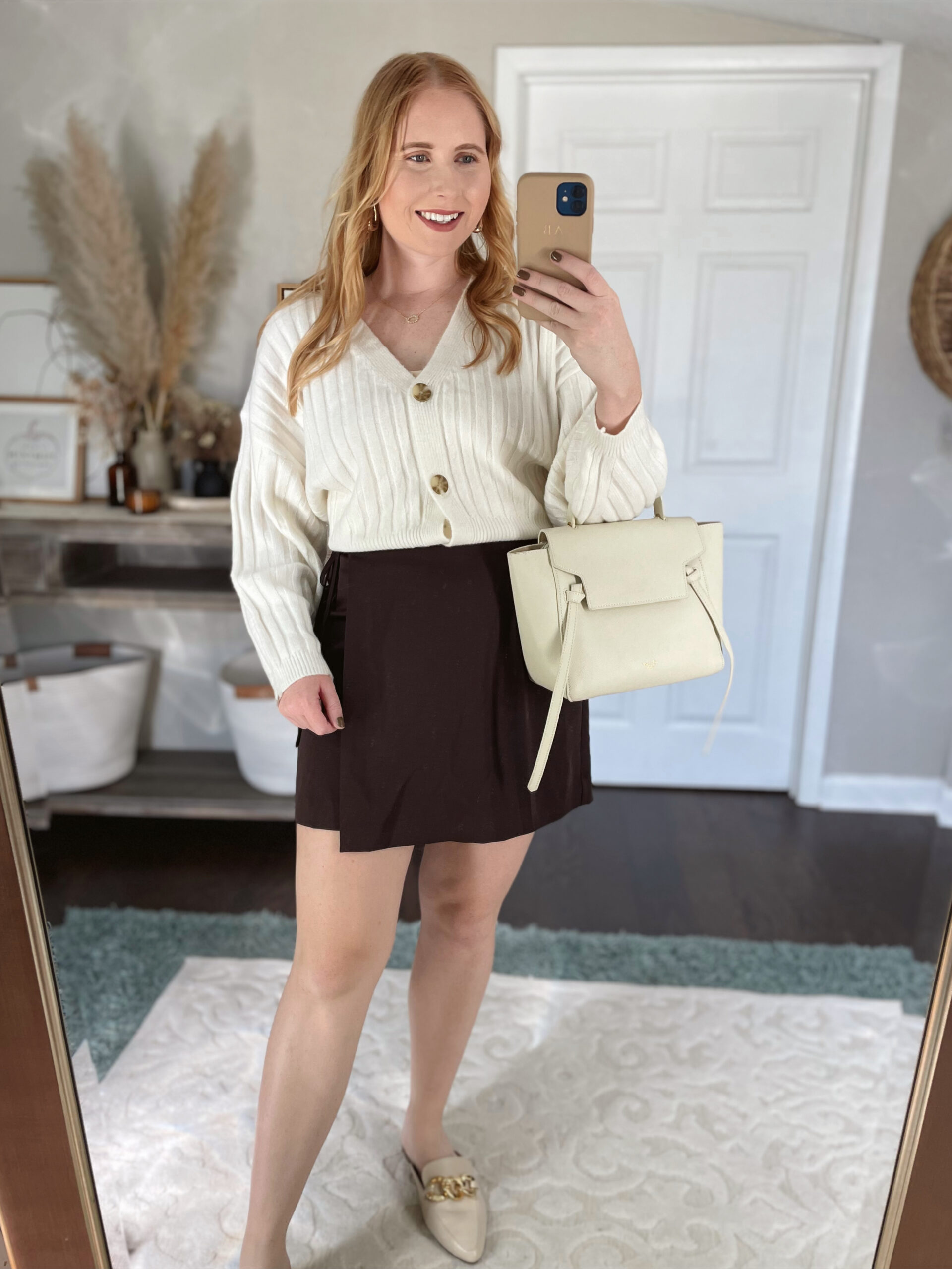 Women's Button-Front Cardigan, brown satin mini skirt