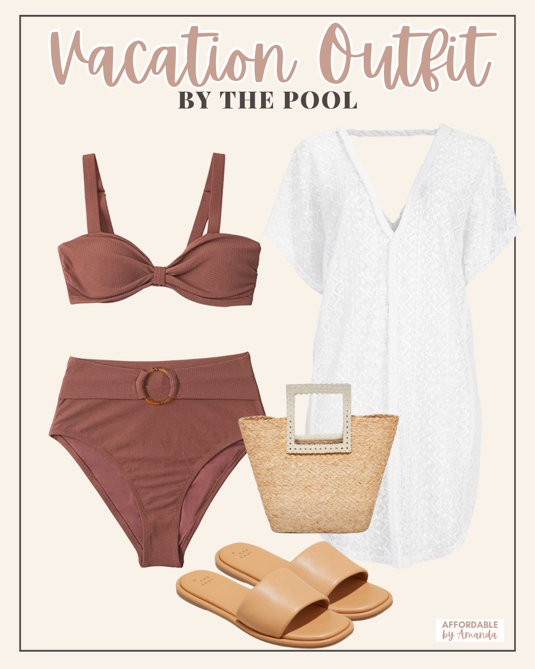 Brown two piece bikini, walmart white crochet cover up, tan beach sandals